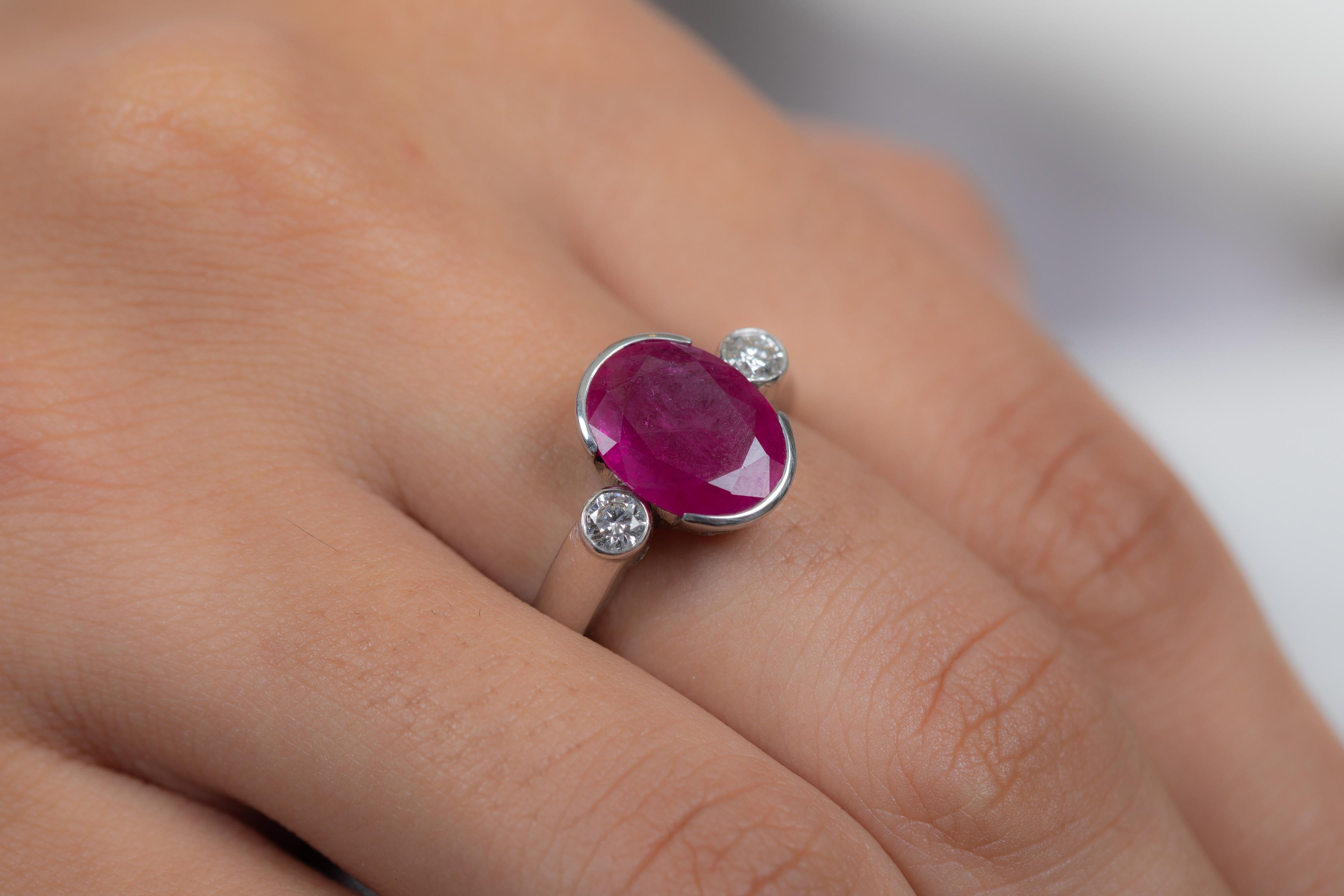 For Sale:  Natural Pink Ruby and Diamond Three Stone Engagement Ring in 18K White Gold 2