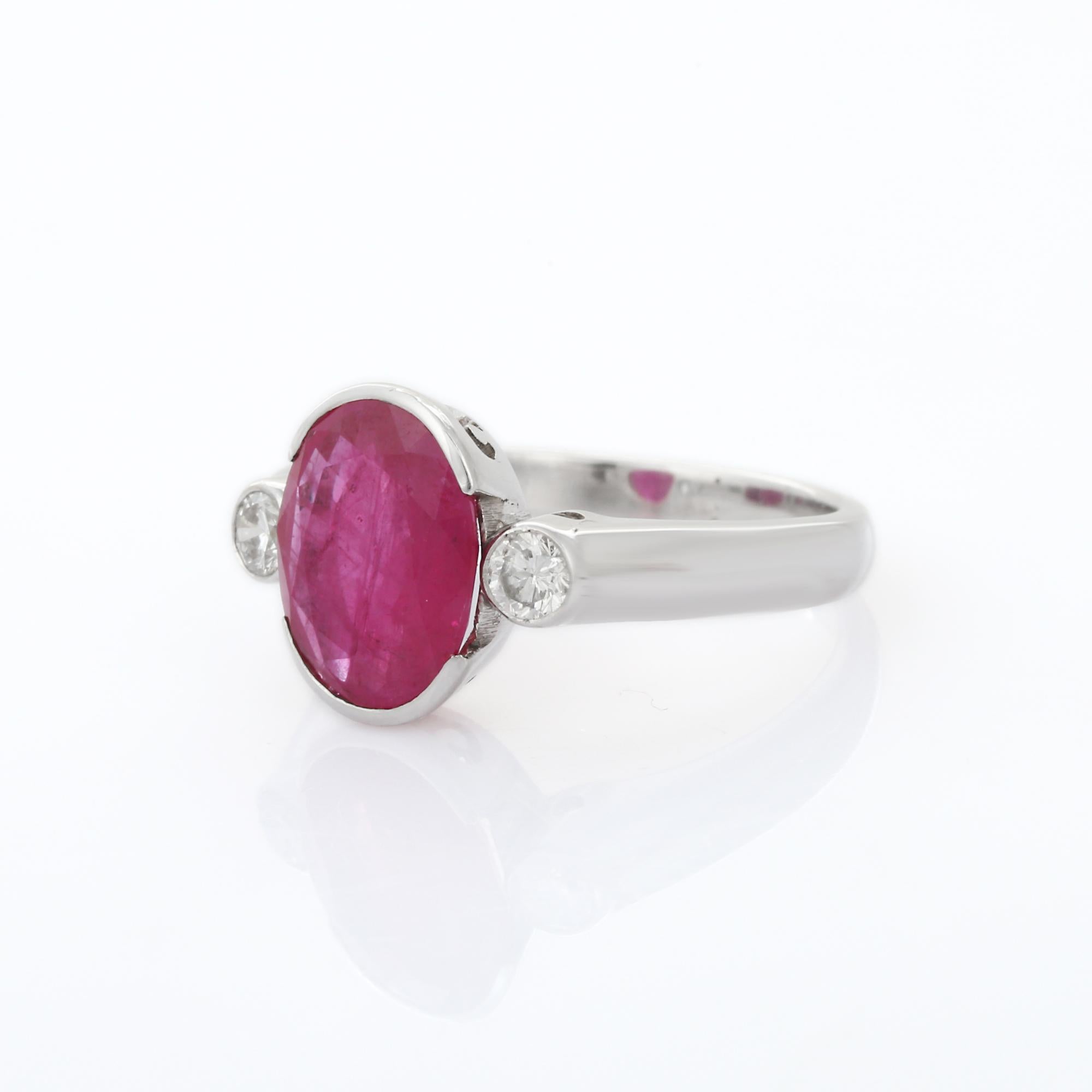 For Sale:  Natural Pink Ruby and Diamond Three Stone Engagement Ring in 18K White Gold 3