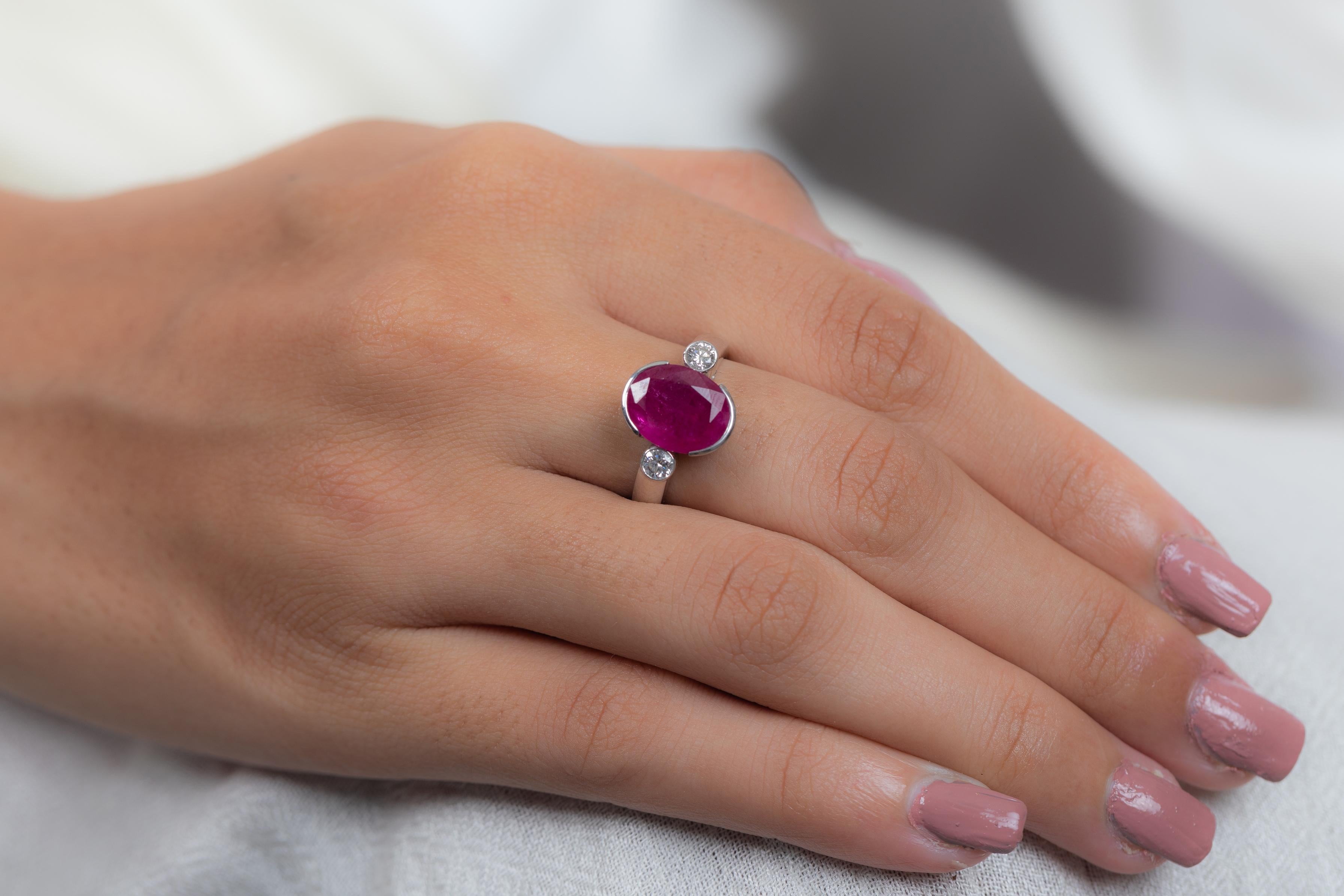 For Sale:  Natural Pink Ruby and Diamond Three Stone Engagement Ring in 18K White Gold 4