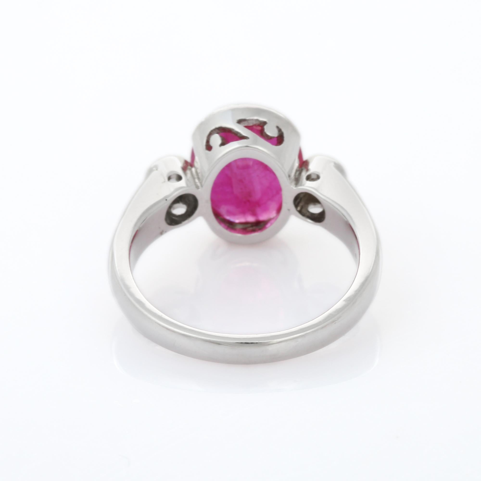 For Sale:  Natural Pink Ruby and Diamond Three Stone Engagement Ring in 18K White Gold 5