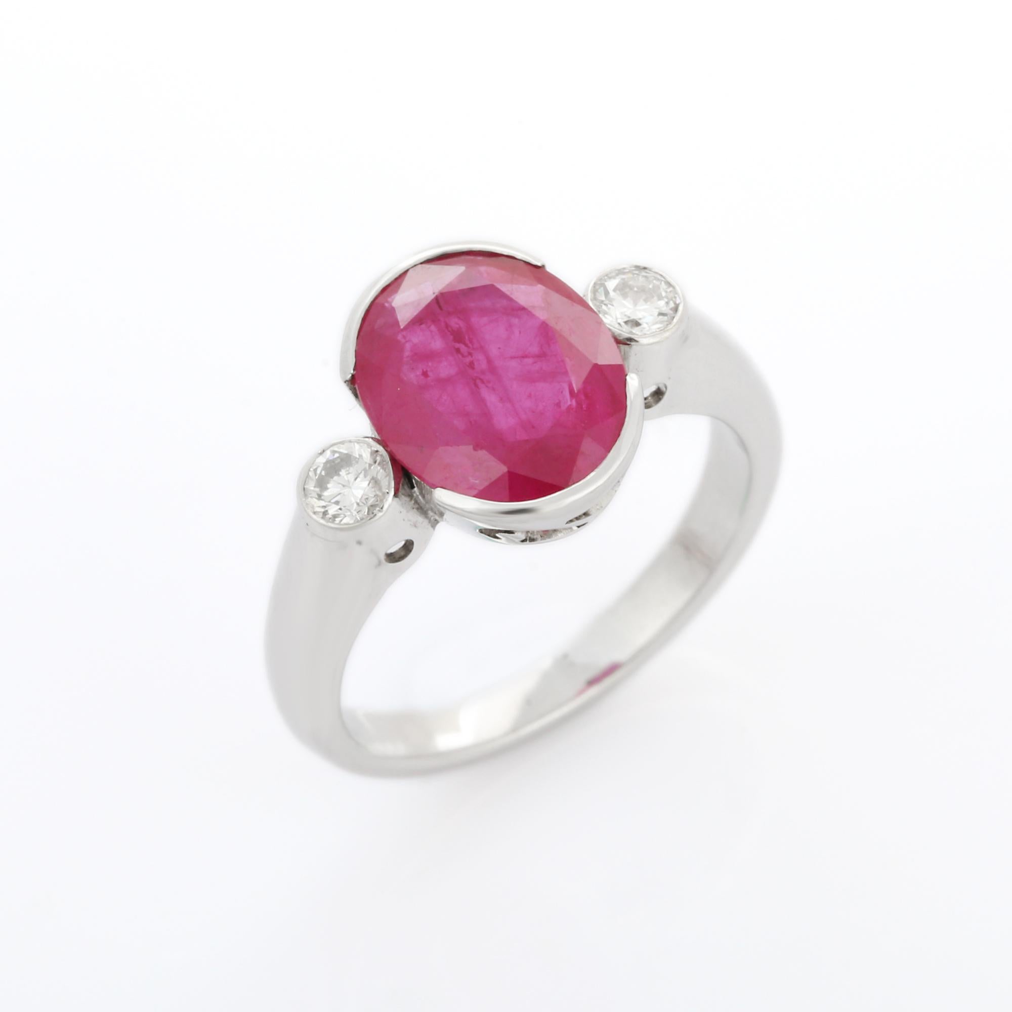 En vente :  Bague de fiançailles à trois pierres en or blanc 18 carats, rubis rose naturel et diamants 6