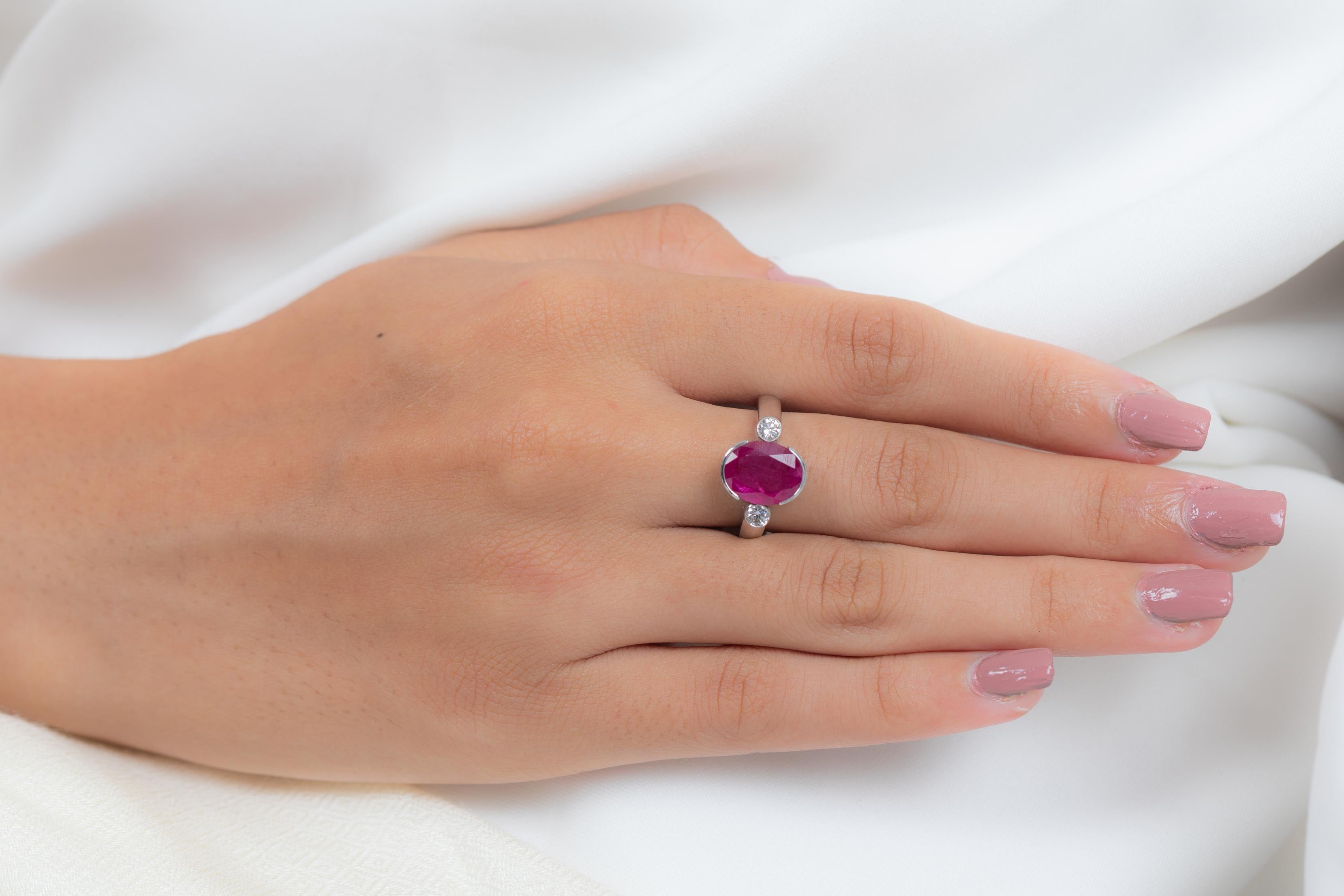 For Sale:  Natural Pink Ruby and Diamond Three Stone Engagement Ring in 18K White Gold 7