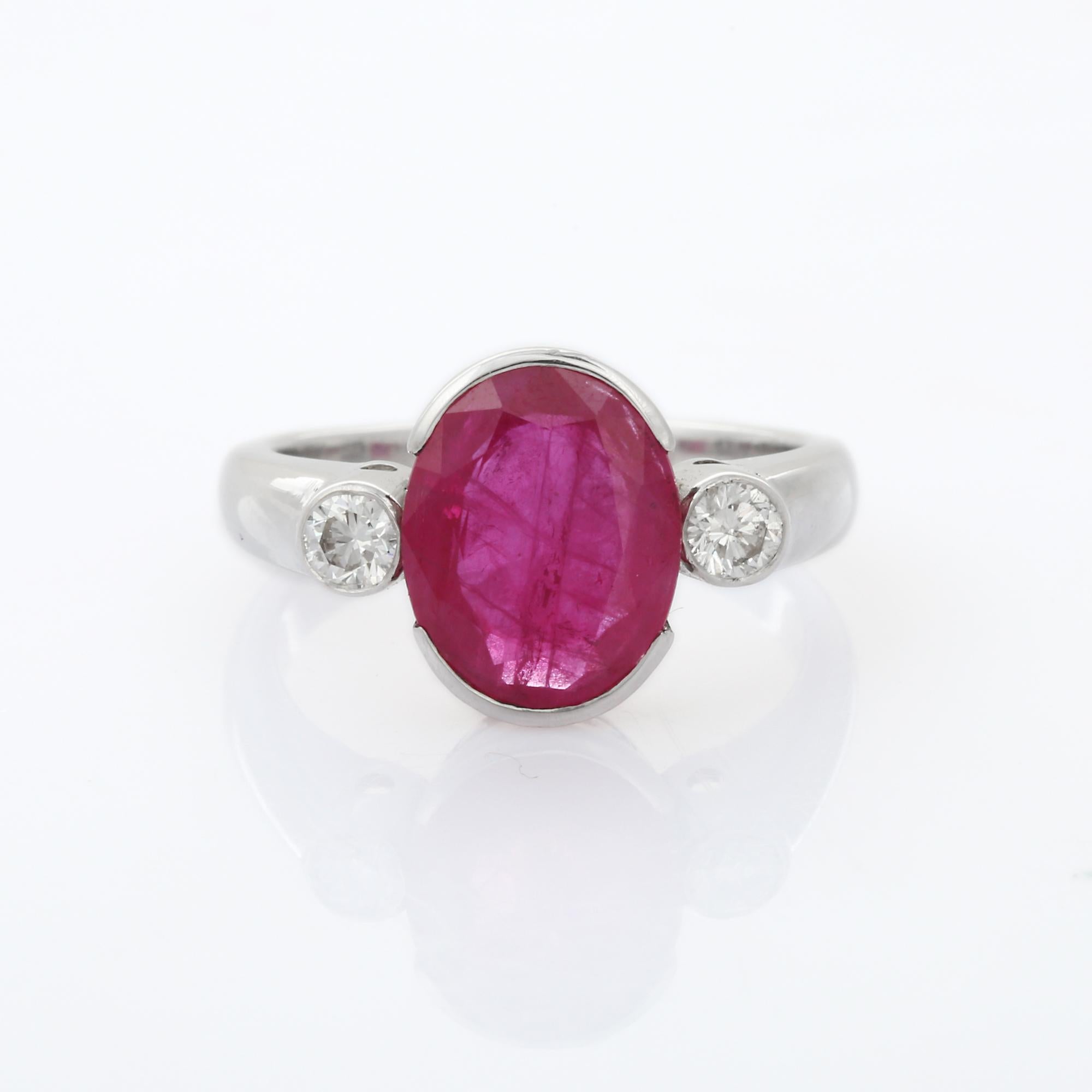 For Sale:  Natural Pink Ruby and Diamond Three Stone Engagement Ring in 18K White Gold 8