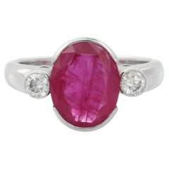 Natural Pink Ruby and Diamond Three Stone Engagement Ring in 18K White Gold