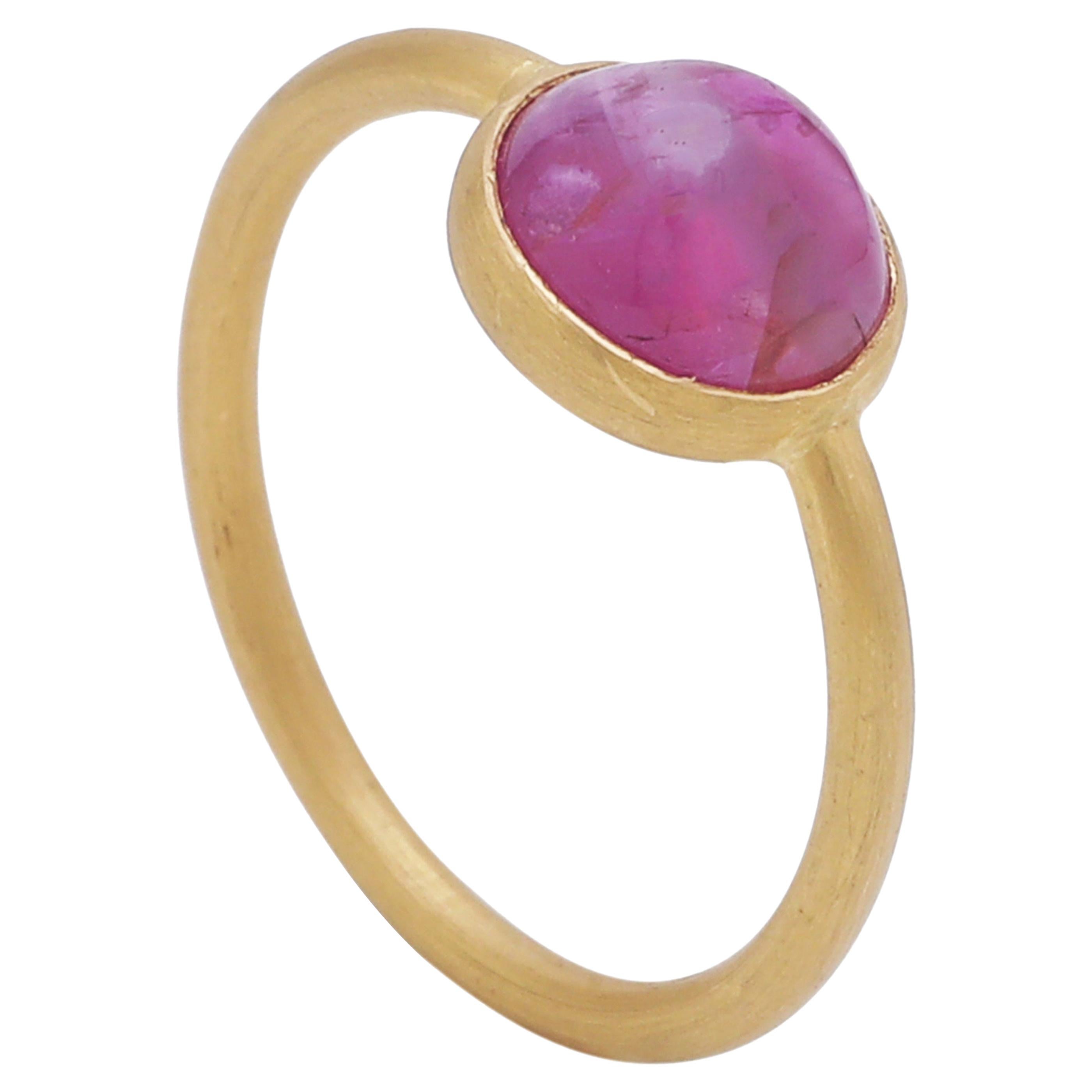 Natural Pink Ruby Cabochon Stackable Ring Handmade in 22 Karat Matte Yellow Gold