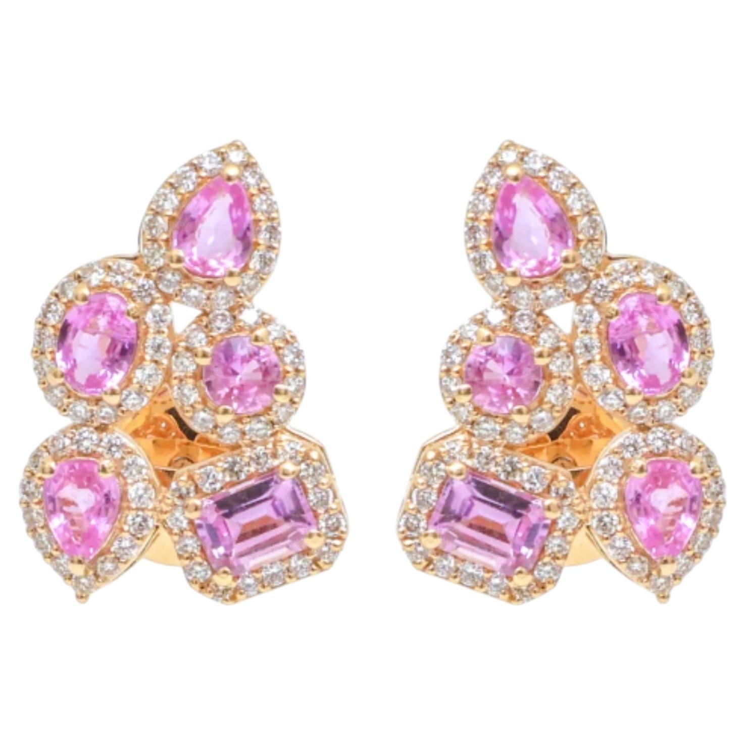 Orecchini in oro giallo 14 carati con zaffiro rosa e diamanti - 1,63 ct e 0,52 ct