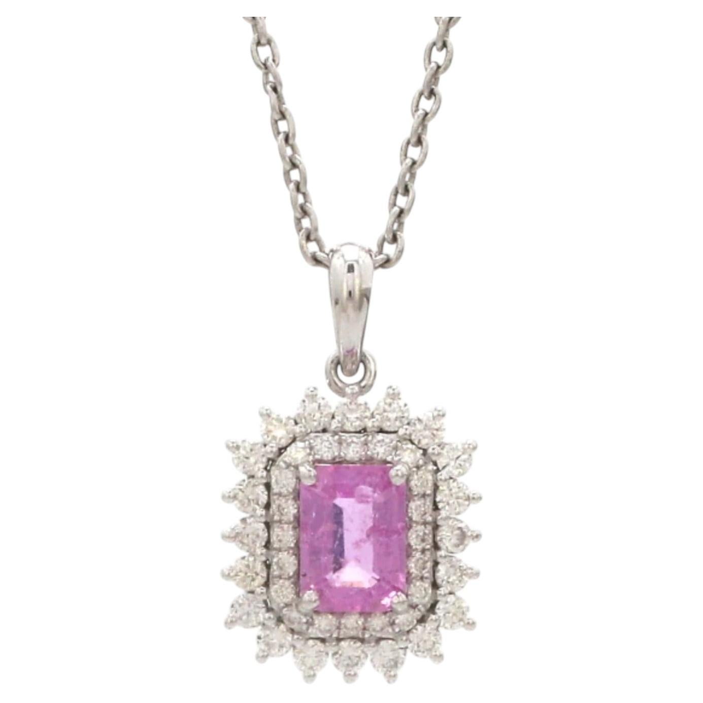 Elegant 18K White Gold Pink Sapphire 1.08ct & Diamond Pendant Necklace
