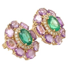 Natural Pink sapphire 5cts & Emerald 2.5cts Earring in 14k Gold