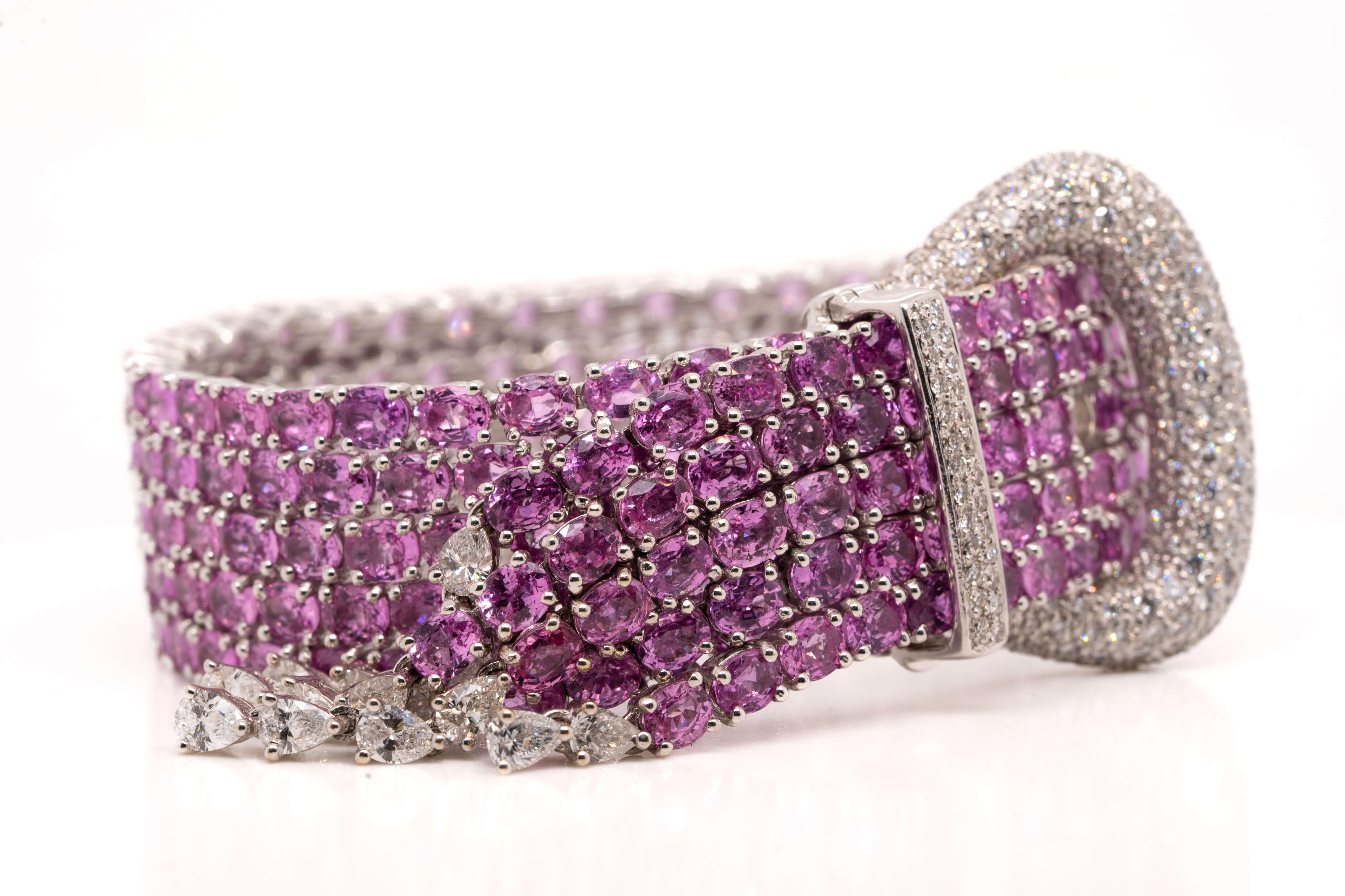 Art Deco Natural Pink Sapphire and Diamond Belt Buckle Bracelet For Sale