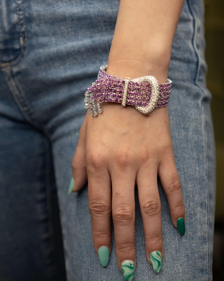 Natural Pink Sapphire and Diamond Belt Buckle Bracelet For Sale at 1stDibs