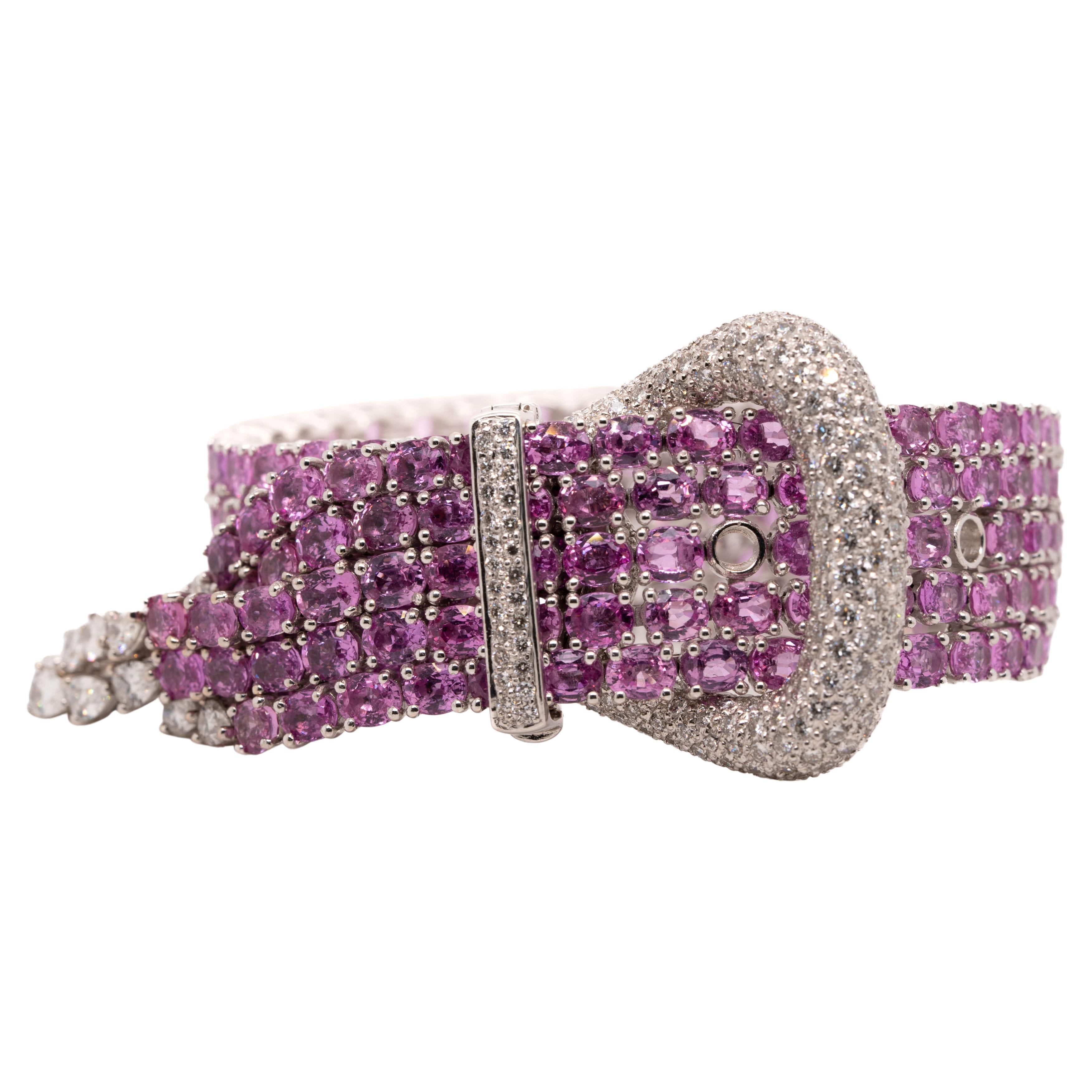 Natural Pink Sapphire and Diamond Belt Buckle Bracelet For Sale