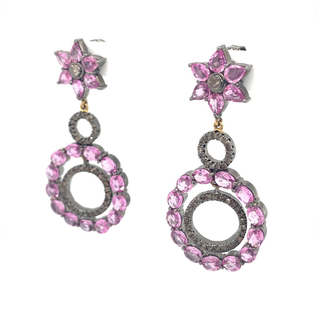 Mixed Cut Natural pink sapphire and diamond earring in silver For Sale