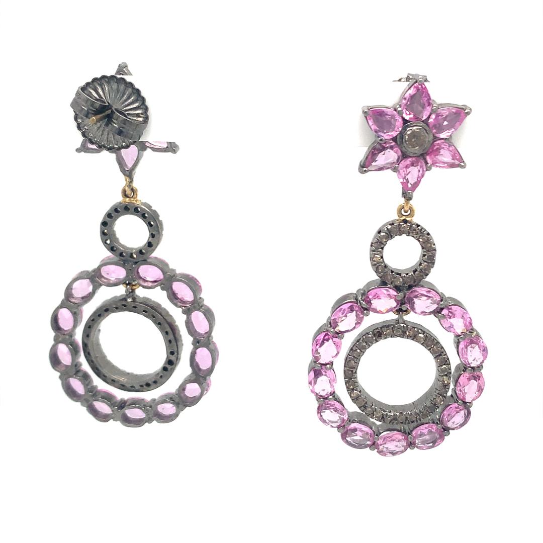 Women's Natural pink sapphire and diamond earring in silver For Sale
