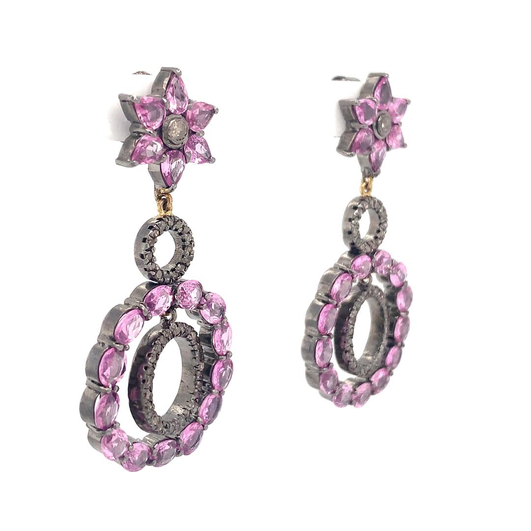 Natural pink sapphire and diamond earring in silver For Sale 3