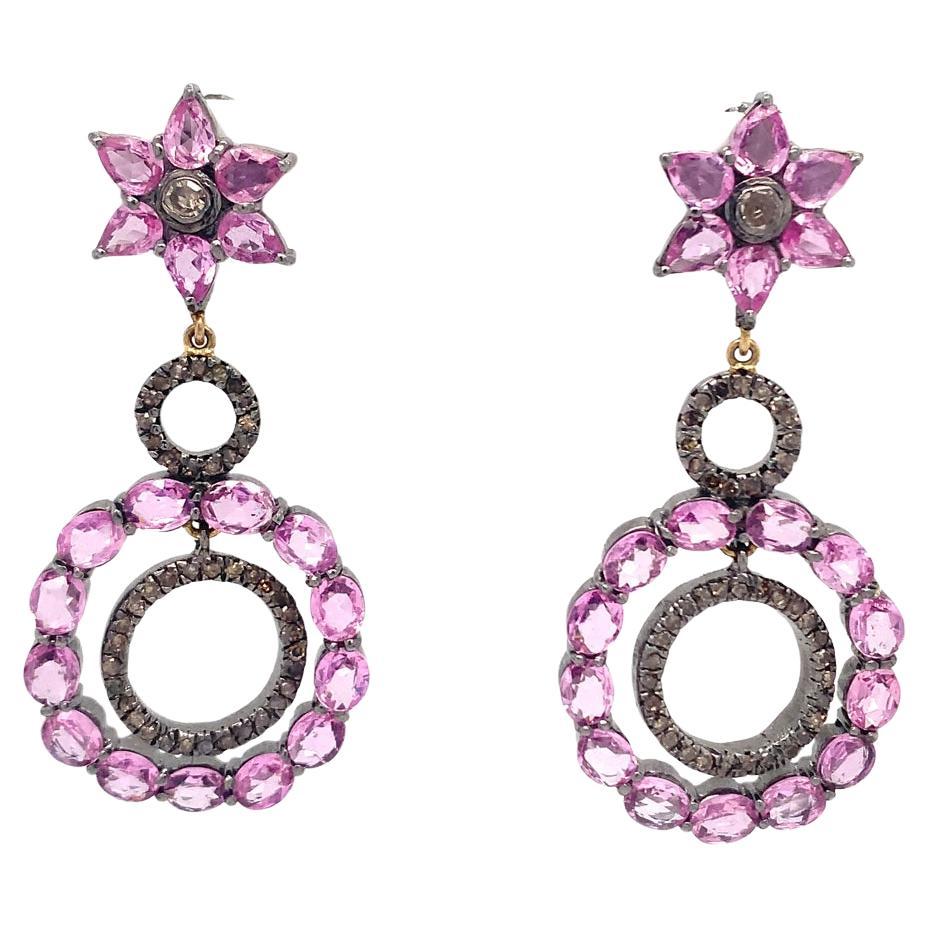 Natural pink sapphire and diamond earring in silver For Sale