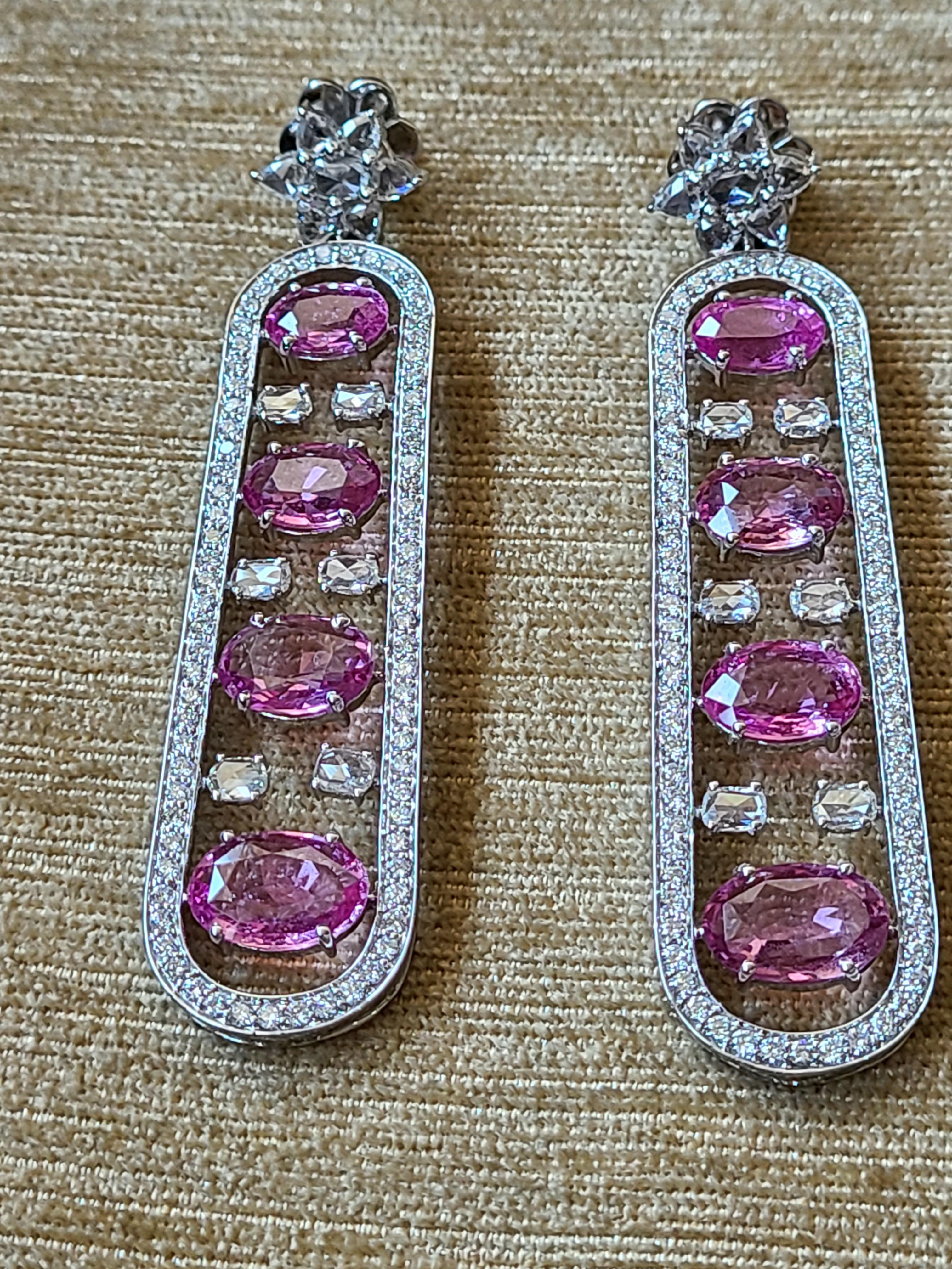 Art Deco Natural Pink Sapphire and Diamond Earrings Set in 18 Karat Gold