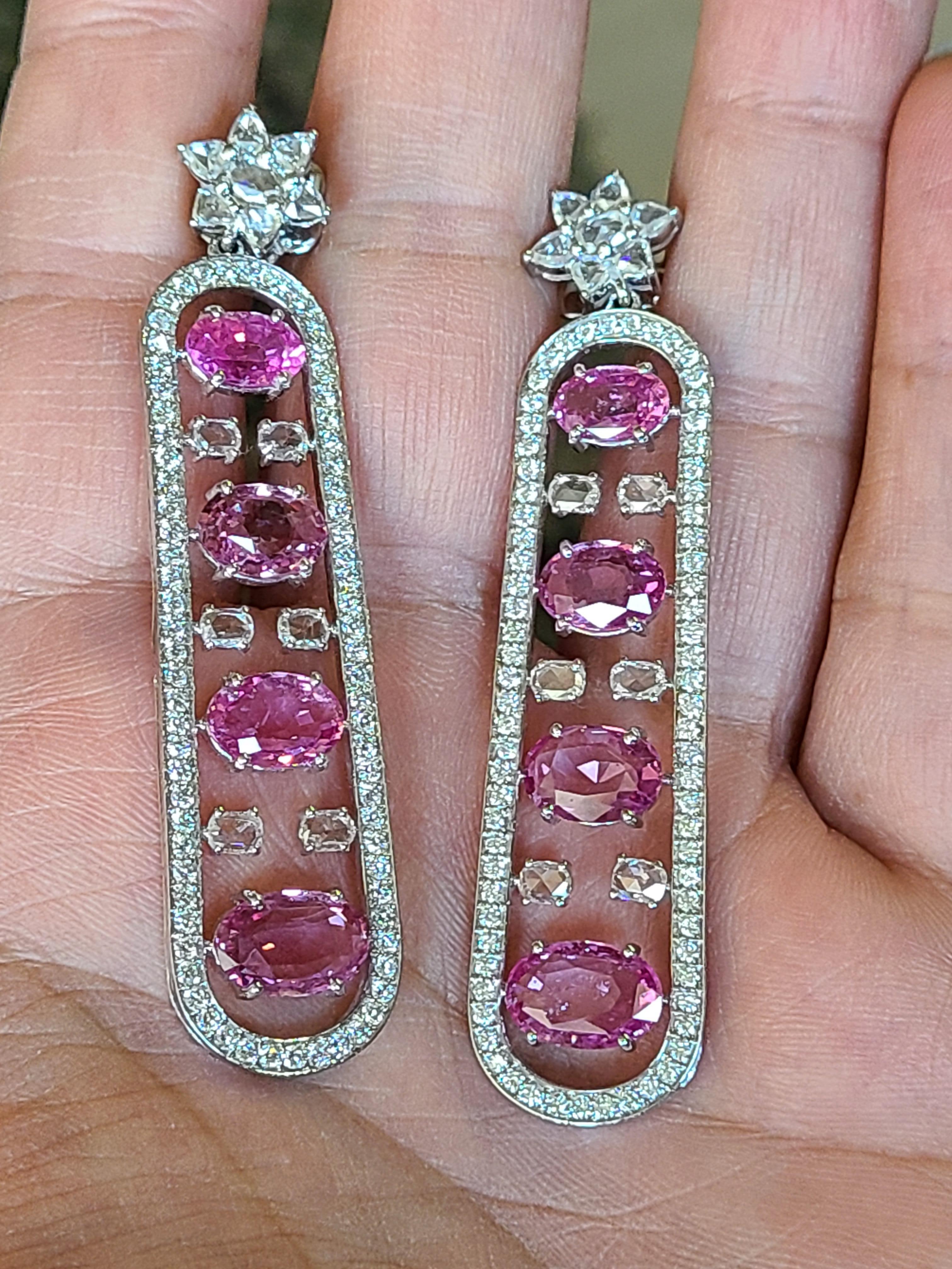 Oval Cut Natural Pink Sapphire and Diamond Earrings Set in 18 Karat Gold