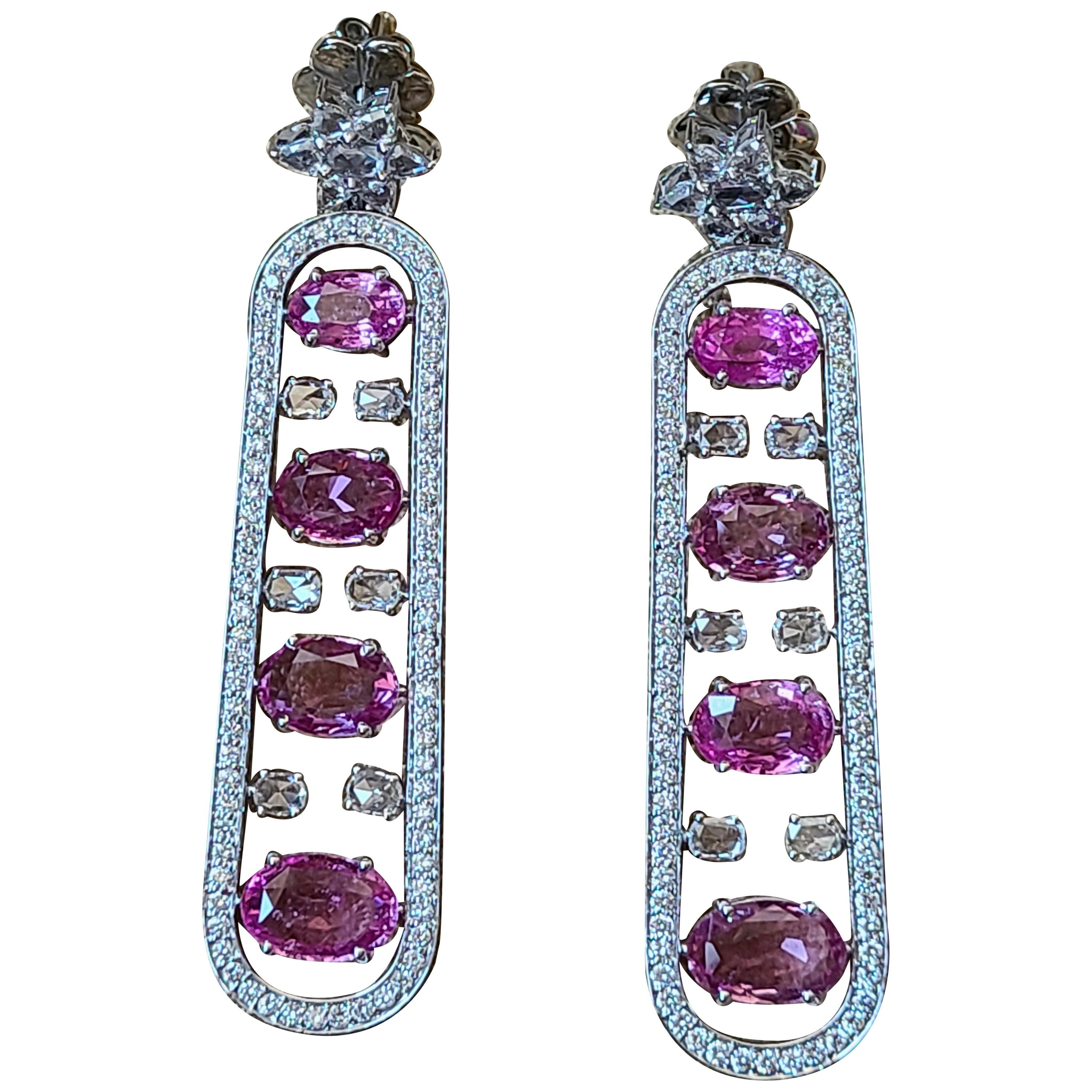 Natural Pink Sapphire and Diamond Earrings Set in 18 Karat Gold