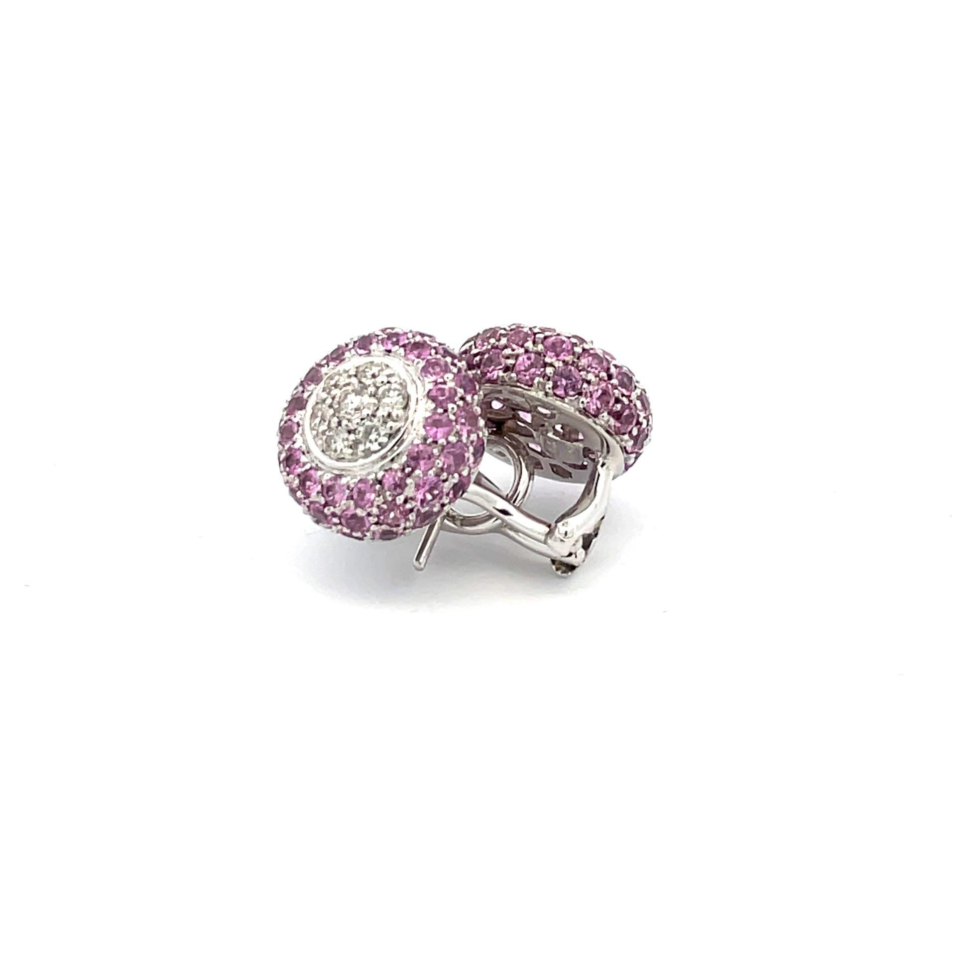 Contemporary Natural Pink Sapphire And Diamond Puff Earrings in 18 Karat White Gold For Sale