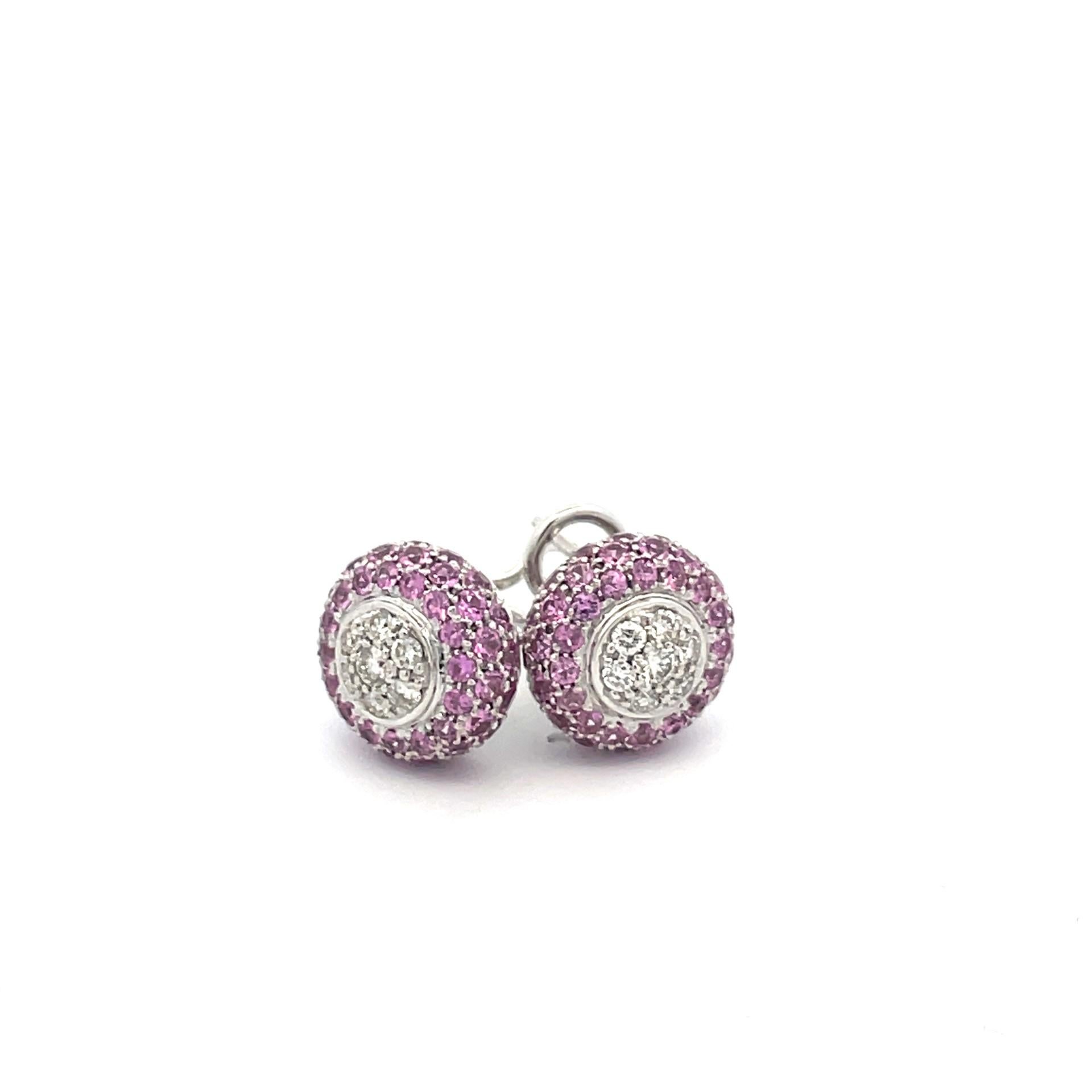 Round Cut Natural Pink Sapphire And Diamond Puff Earrings in 18 Karat White Gold For Sale
