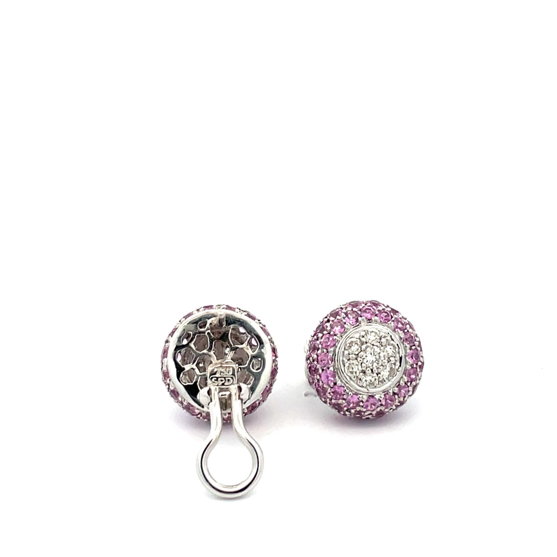 Natural Pink Sapphire And Diamond Puff Earrings in 18 Karat White Gold In New Condition For Sale In Westmount, CA
