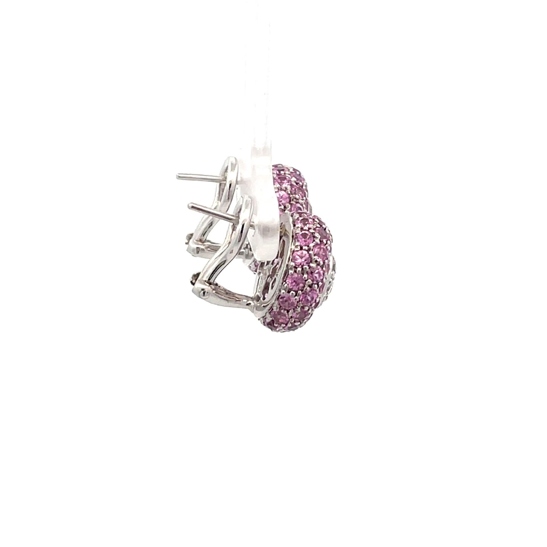 Women's Natural Pink Sapphire And Diamond Puff Earrings in 18 Karat White Gold For Sale