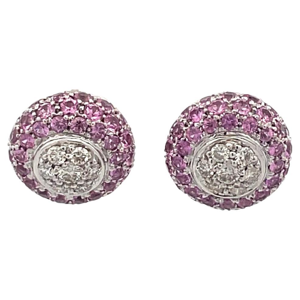 Natural Pink Sapphire And Diamond Puff Earrings in 18 Karat White Gold