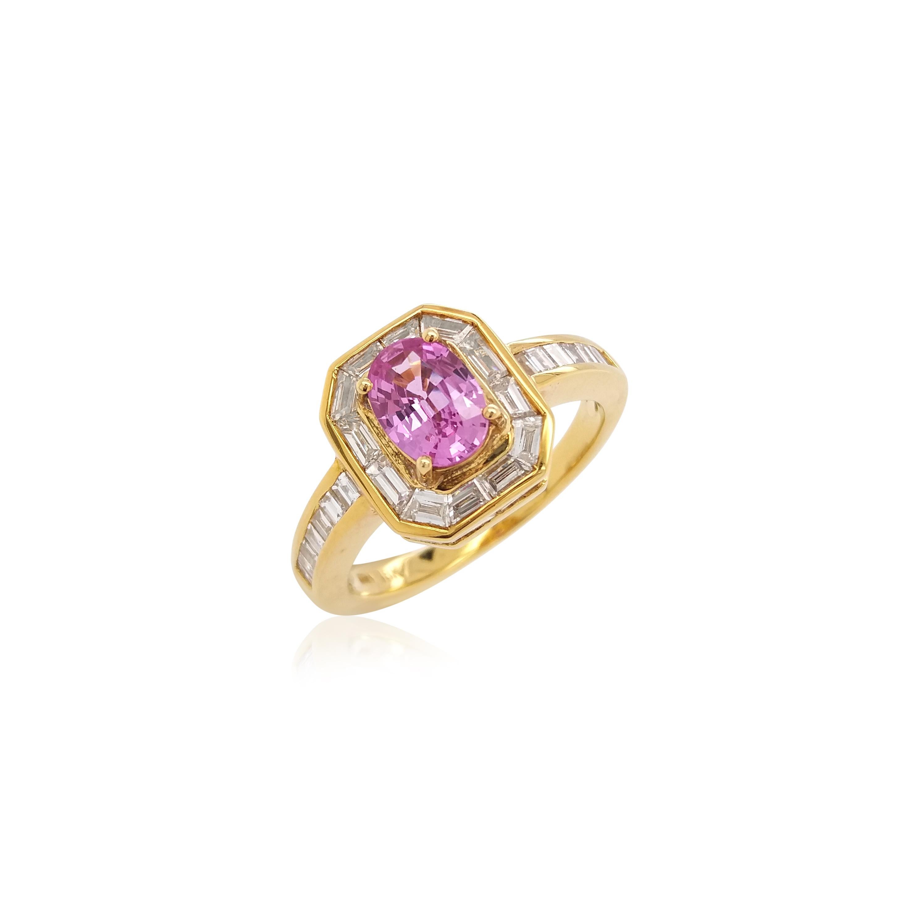 Contemporary Natural Pink Sapphire White Diamond 18K Gold Engagement Ring For Sale