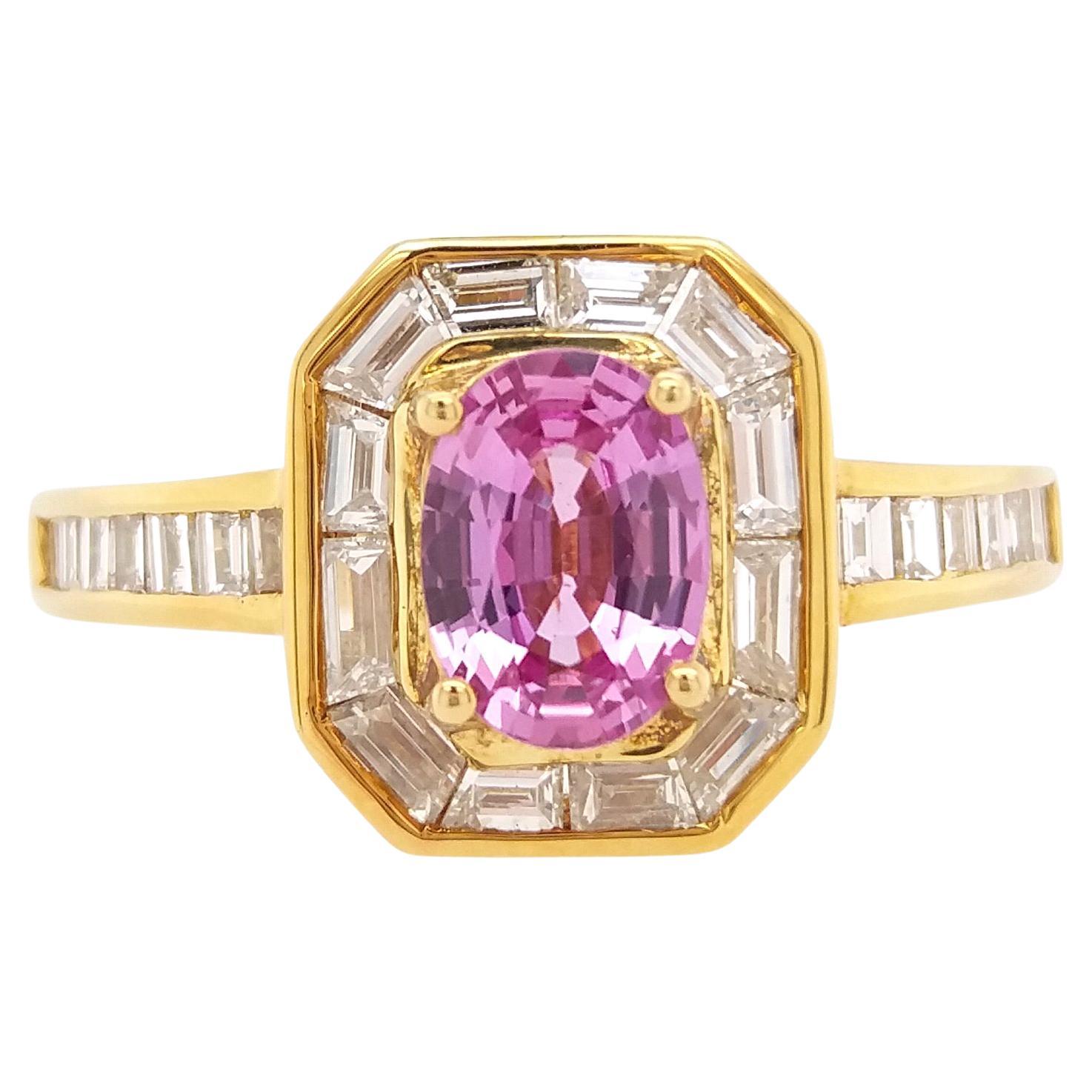 Natural Pink Sapphire White Diamond 18K Gold Engagement Ring For Sale