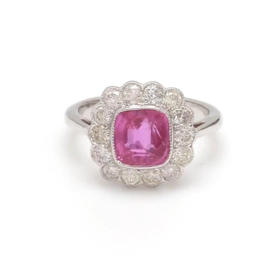 Anello con zaffiro rosa naturale e diamante asscher in oro 18 carati in vendita 4