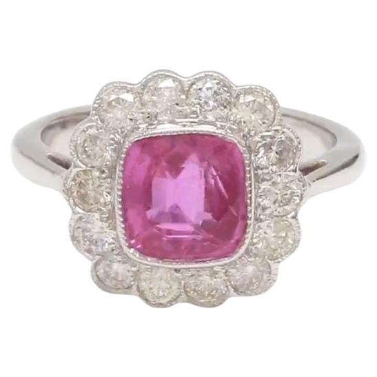 Anello con zaffiro rosa naturale e diamante asscher in oro 18 carati in vendita