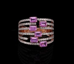 Natural Pink Sapphire & Diamond Baguette Ring in 18k Rose Gold