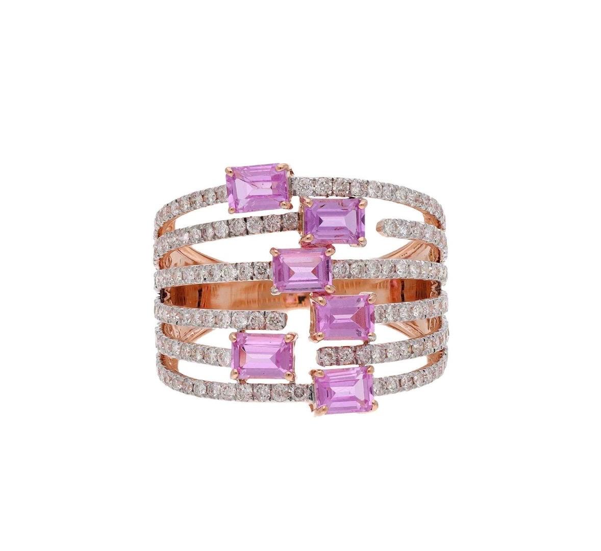 Taglio Asscher Anello Baguette con zaffiro rosa naturale e diamante in oro rosa 18 carati in vendita