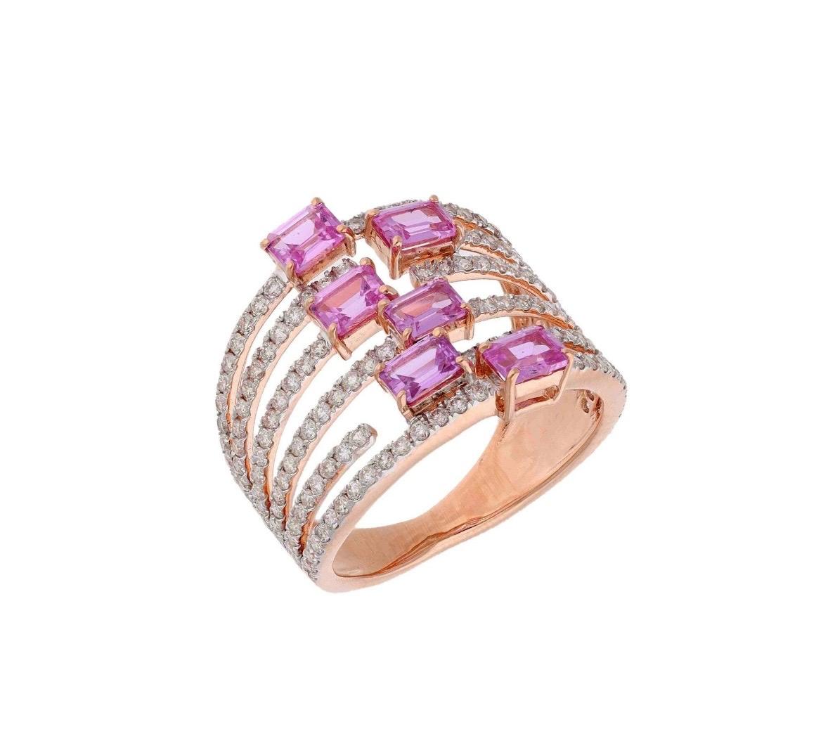 Anello Baguette con zaffiro rosa naturale e diamante in oro rosa 18 carati In condizioni Nuovo in vendita a jaipur, IN