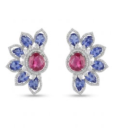 Natural Pink Sapphire, Blue Sapphire & Diamond Earring in 18k Gold