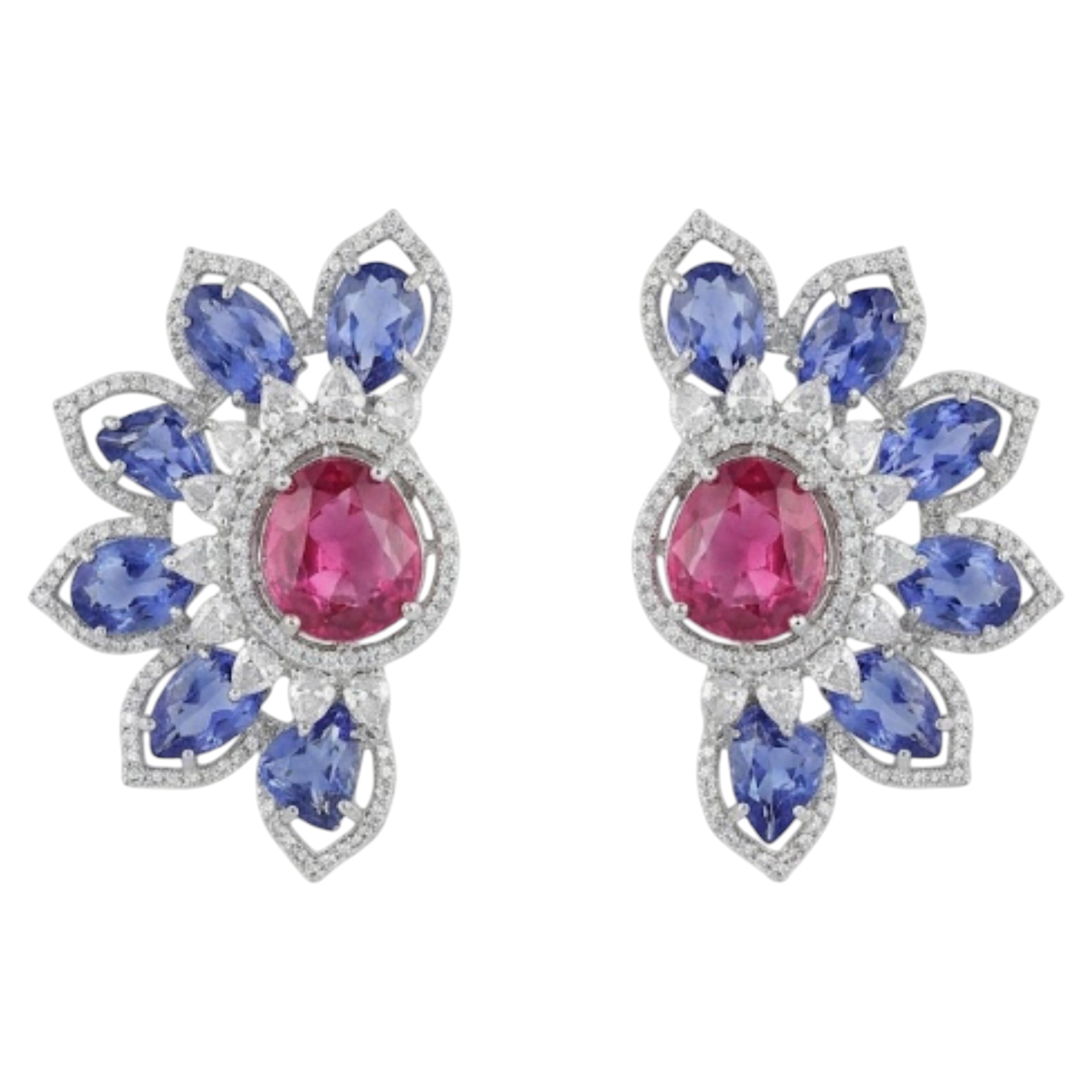 Natural Pink Sapphire, Blue Sapphire & Diamond Earring in 18k Gold