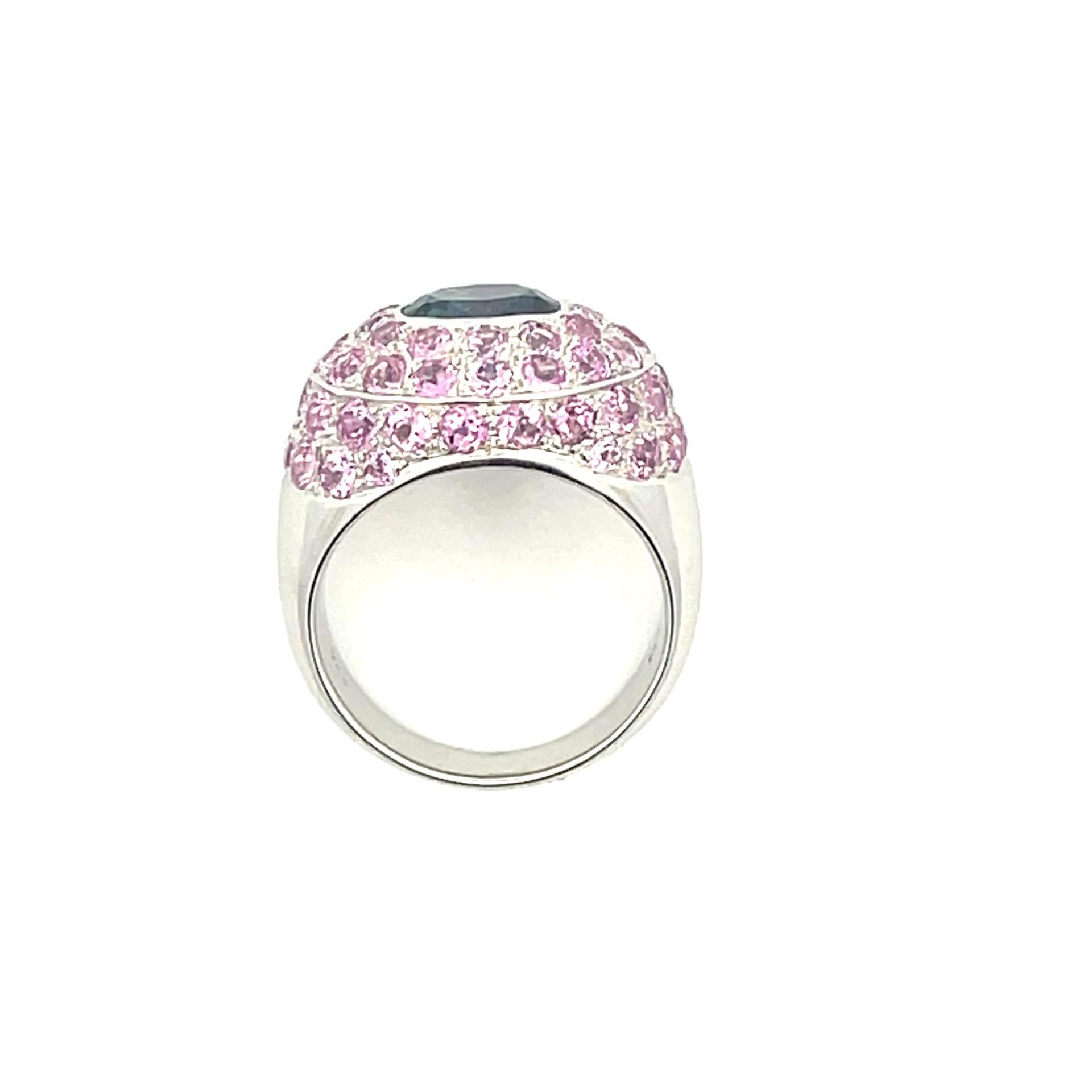Contemporary Natural Pink Sapphire & Blue Sapphire Pave Ring in 18Kt White Gold  For Sale