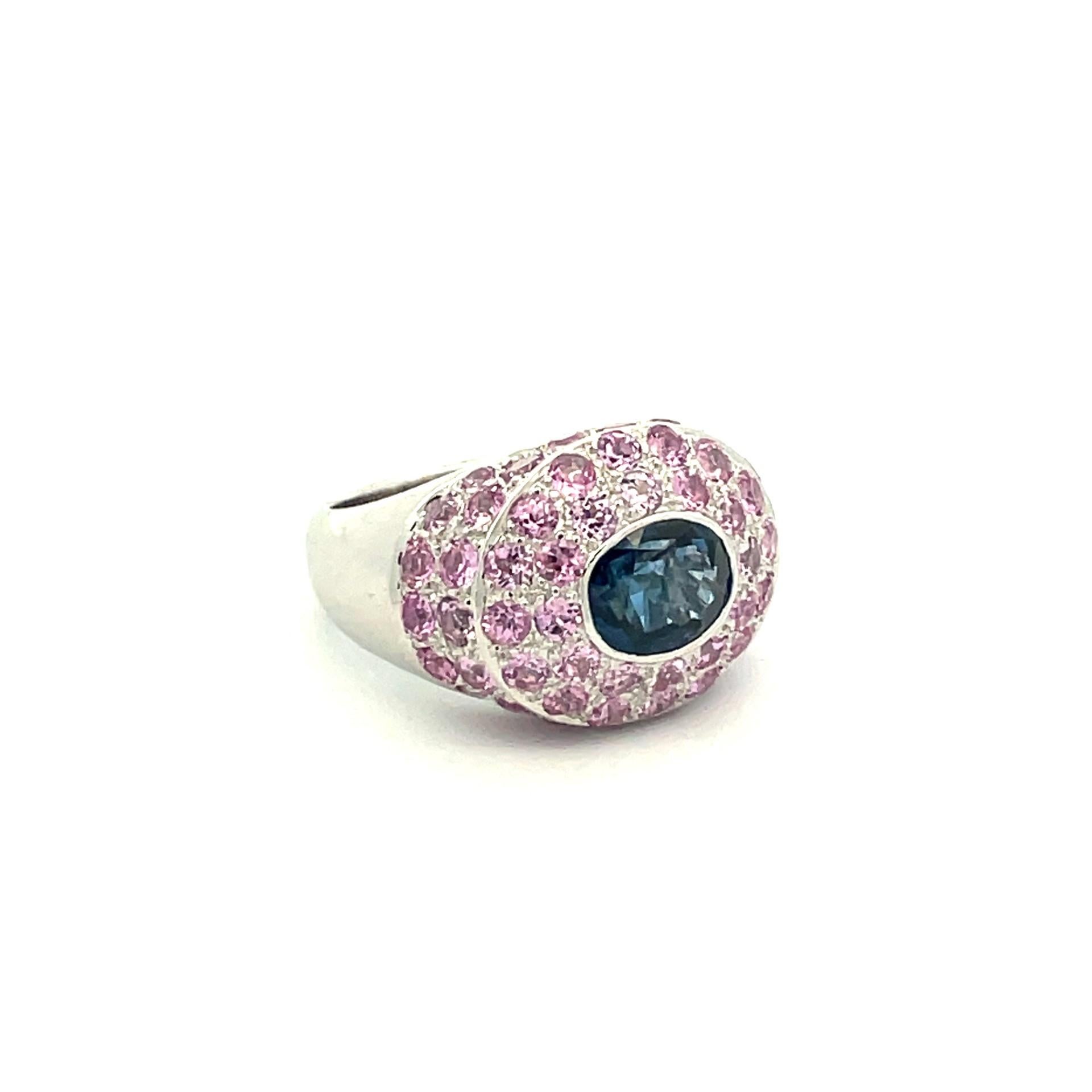 Oval Cut Natural Pink Sapphire & Blue Sapphire Pave Ring in 18Kt White Gold  For Sale