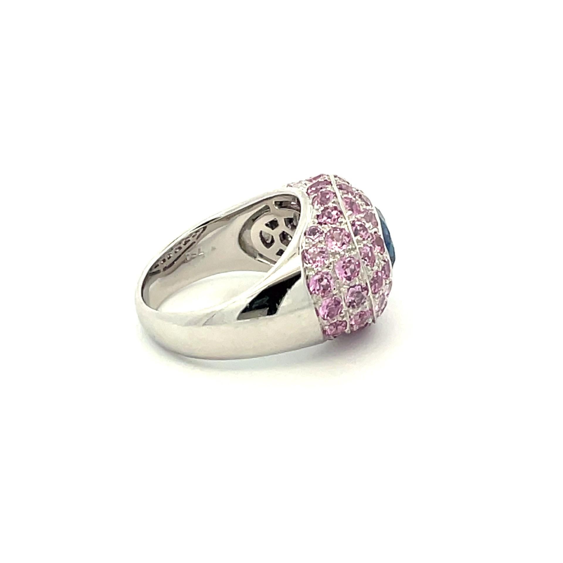 Natural Pink Sapphire & Blue Sapphire Pave Ring in 18Kt White Gold  In New Condition For Sale In Westmount, CA