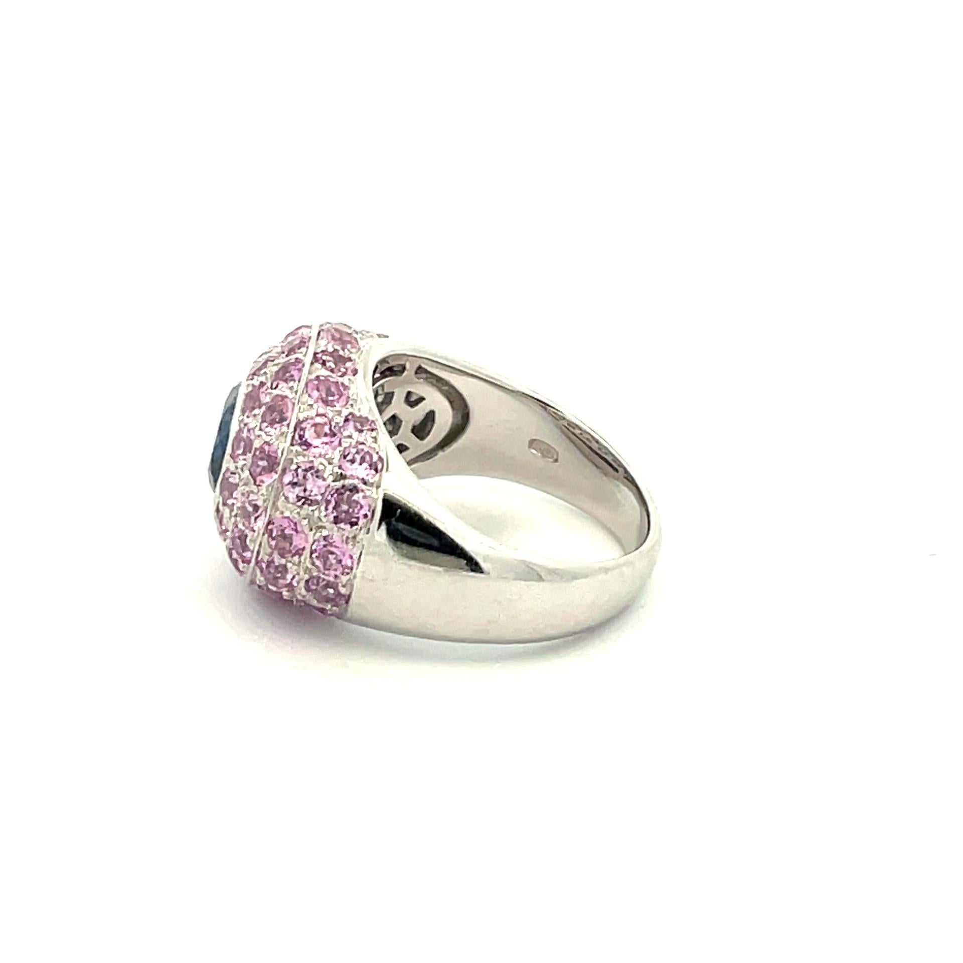 Natural Pink Sapphire & Blue Sapphire Pave Ring in 18Kt White Gold  For Sale 1