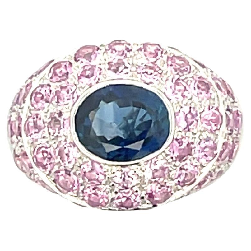 Natural Pink Sapphire & Blue Sapphire Pave Ring in 18Kt White Gold  For Sale