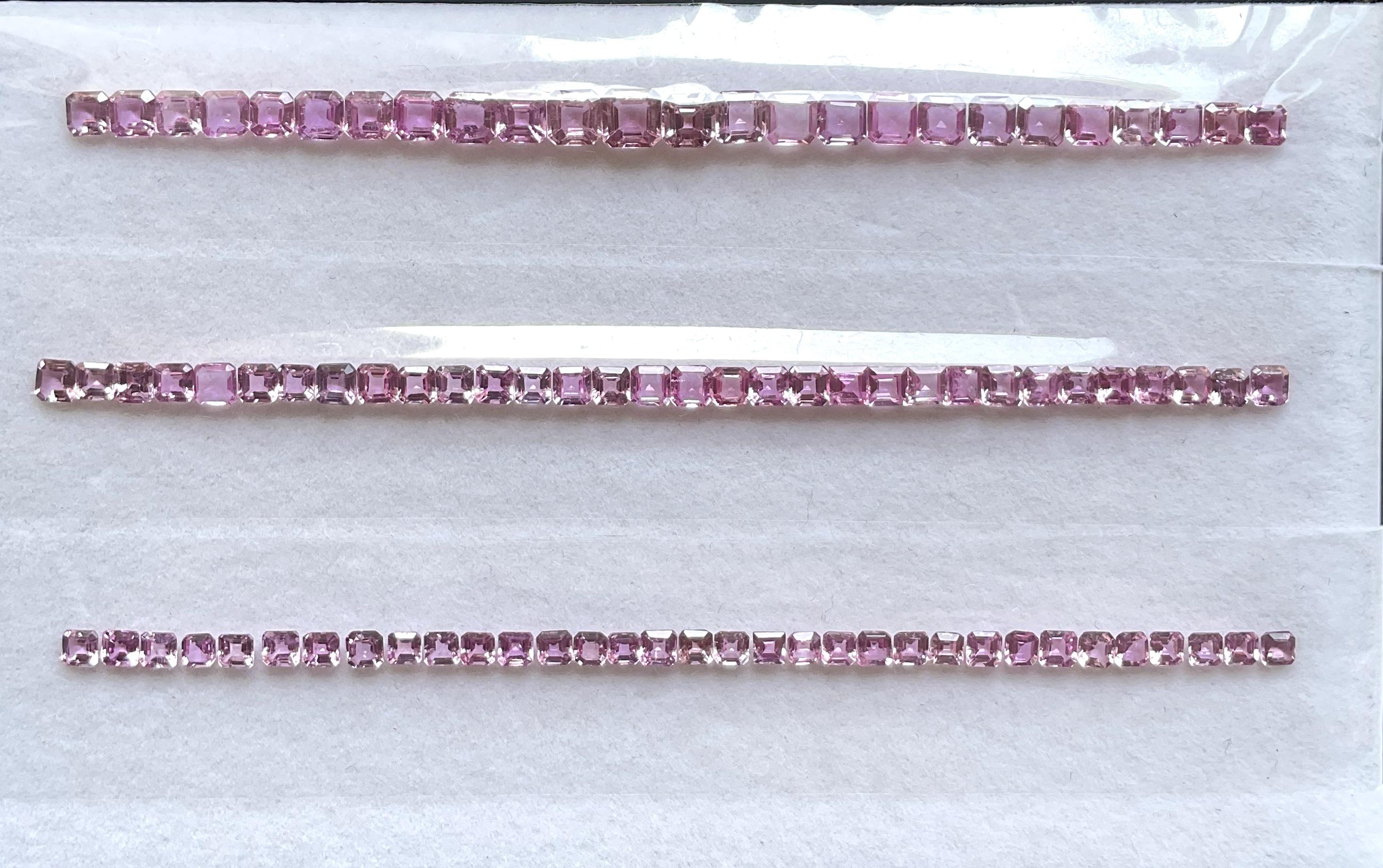 Pink Sapphire 3 Set For Bracelets asscher cutstone For Fine Jewellery gem
Size & Weight :
3.00 MM - 7.64 carats
3.50 MM - 9.36 carats
4.50 MM - 11.05 carats
Treatment - Heat ONLY
Pieces: 90 
Shape: asscher cut 