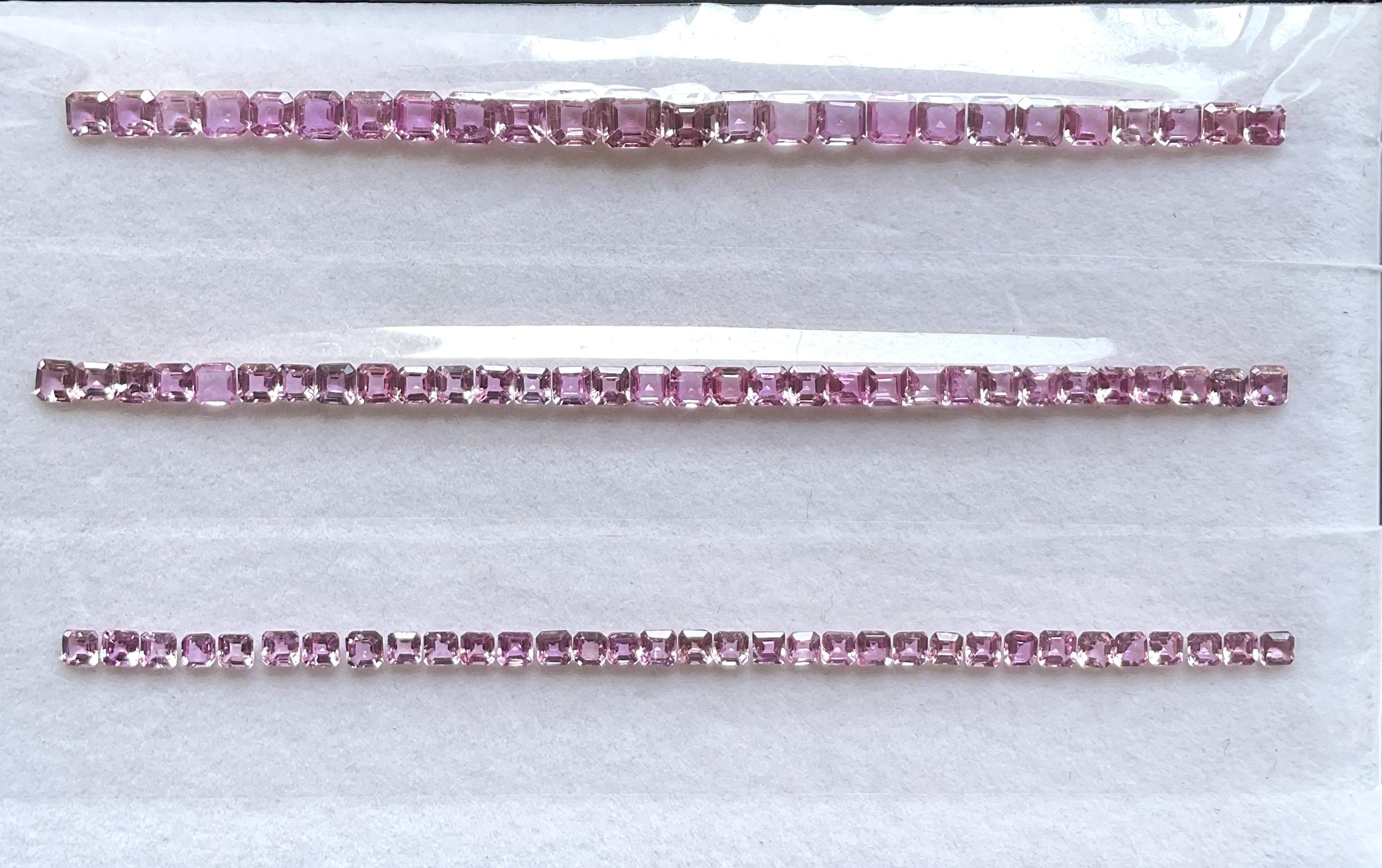 Pink Sapphire 3 Set For Bracelets asscher cutstone For Fine Jewellery gem
Size & Weight :
3.00 MM - 7.64 carats
3.50 MM - 9.36 carats
4.50 MM - 11.05 carats
Treatment - Heat ONLY
Pieces: 90 
Shape: asscher cut 