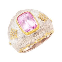 Natural Pink Sapphire Diamond 18 Karat White Gold Rigato Finish Cocktail Ring