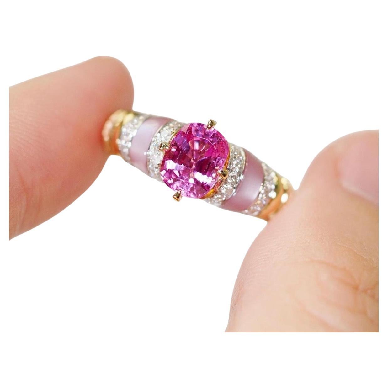 18K Yellow Gold Pink Sapphire & Diamond Enamel Ring