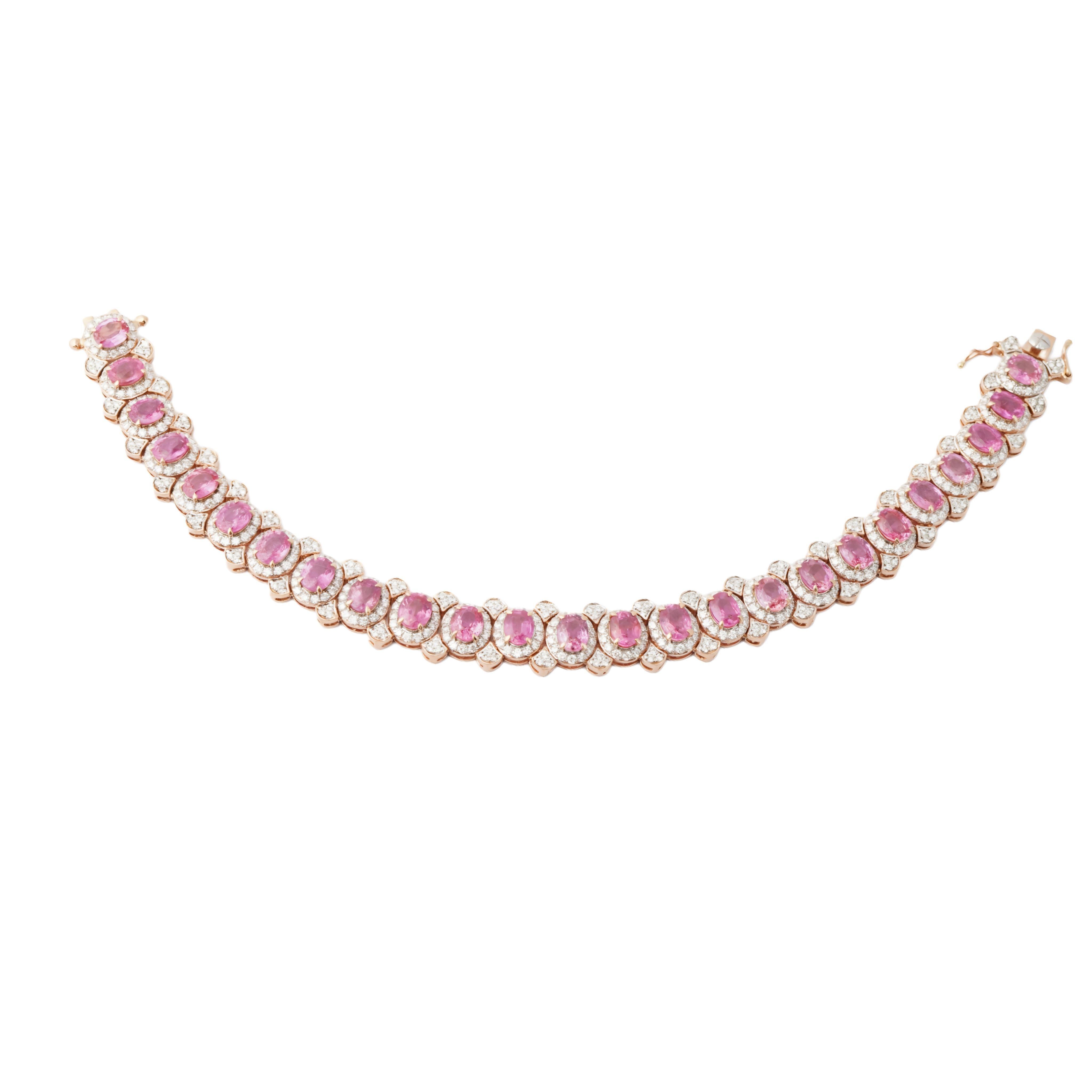 Taglio Asscher Bracciale con diamanti e zaffiri rosa naturali in oro 18 carati in vendita