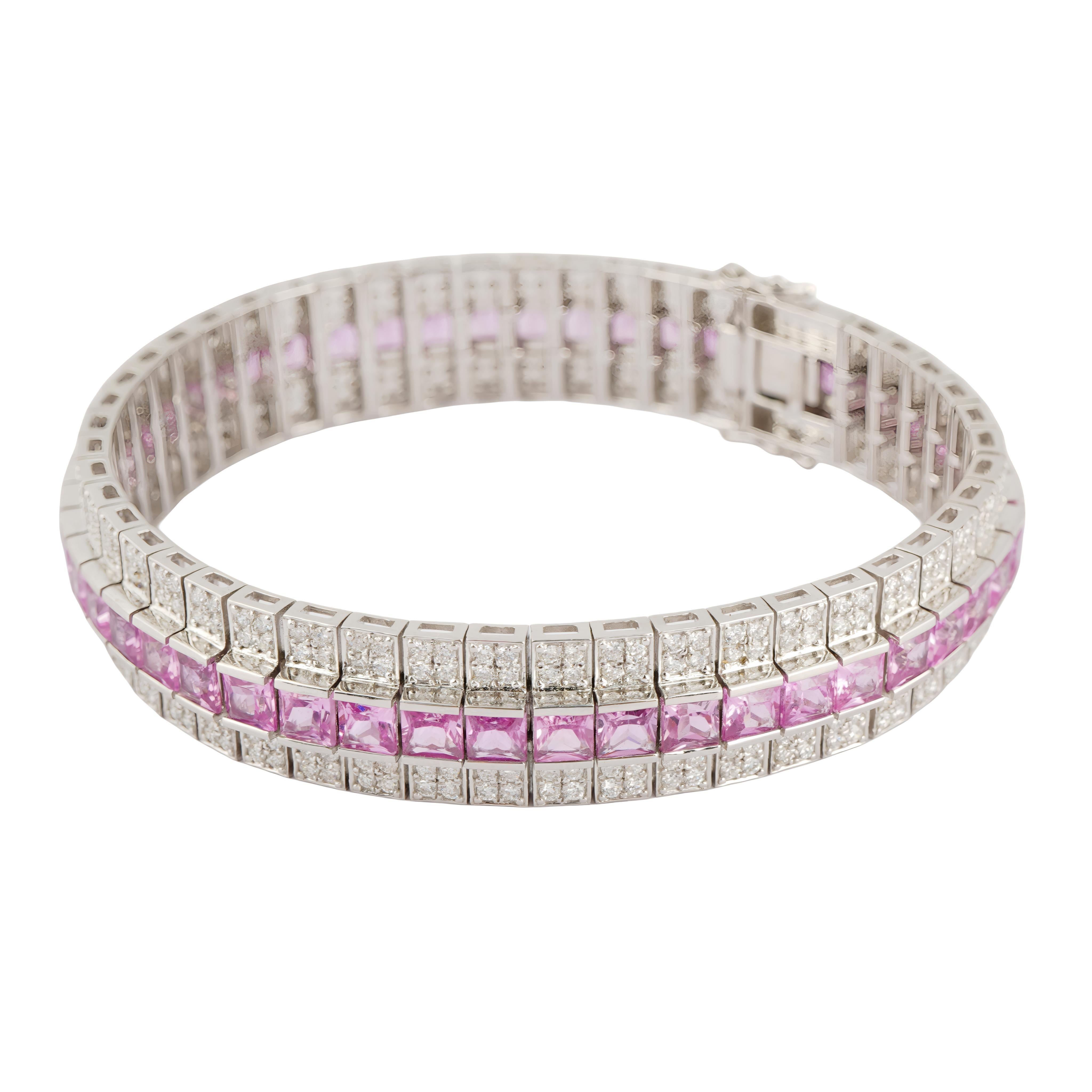 Taglio Asscher Bracciale con diamanti e zaffiri rosa naturali in oro 18 carati in vendita