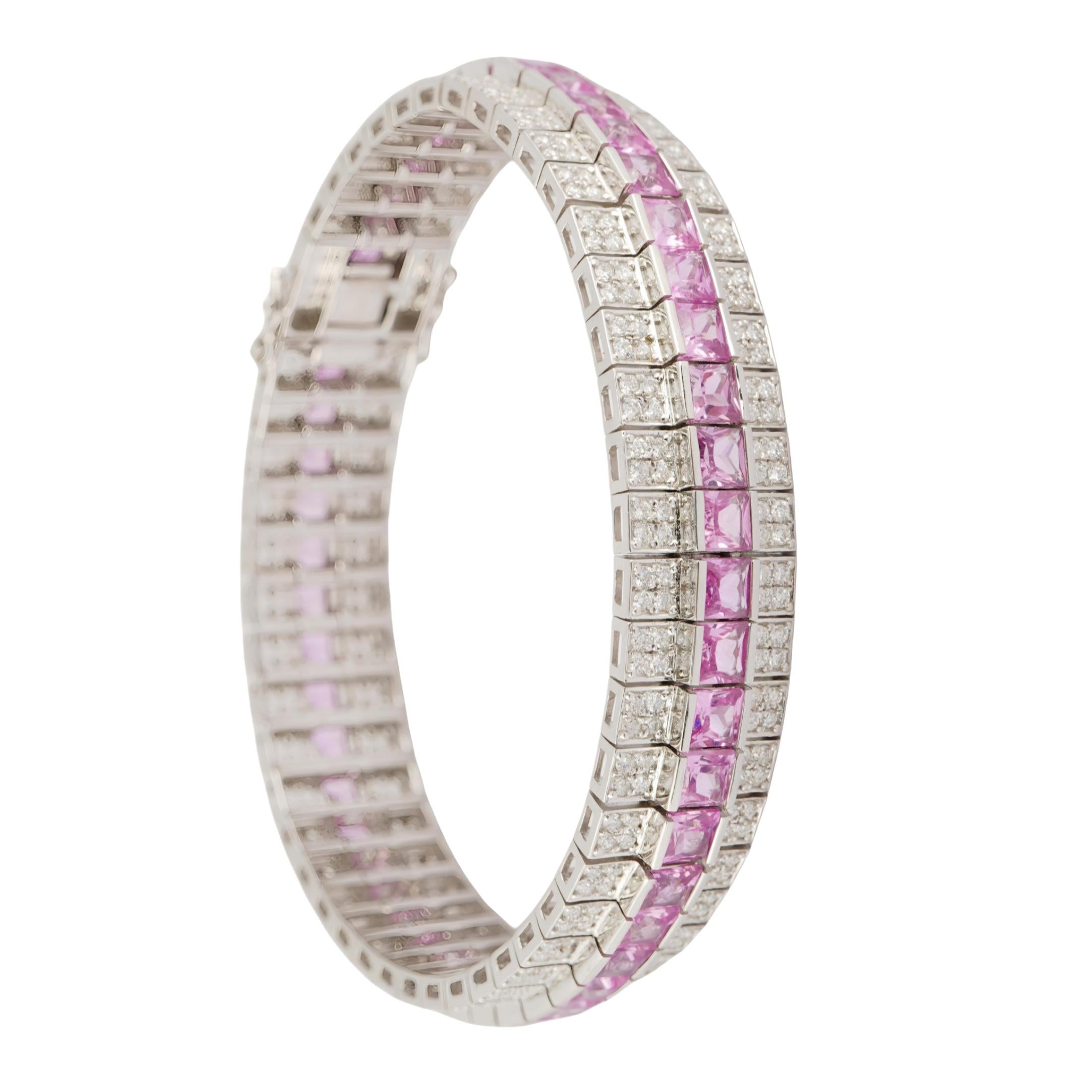 Bracciale con diamanti e zaffiri rosa naturali in oro 18 carati in vendita 3