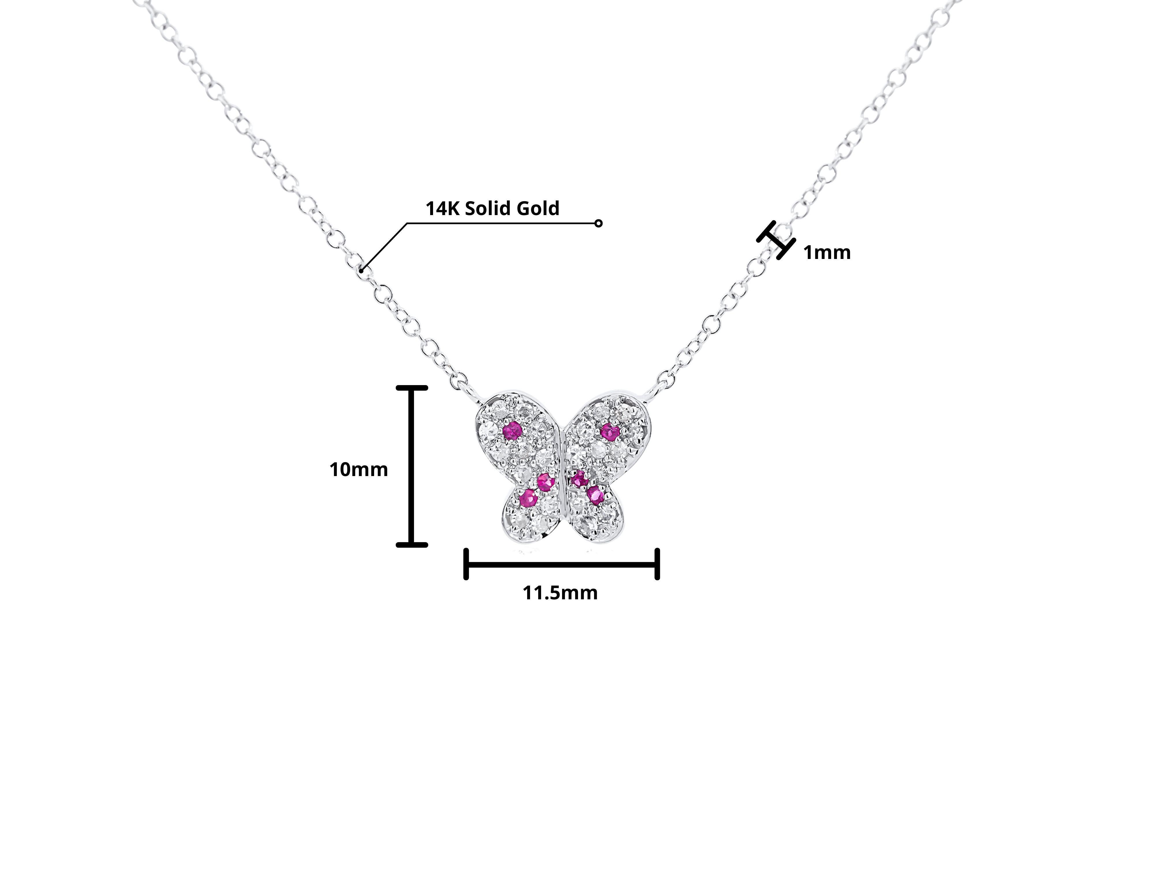 Natural Pink Sapphire & Diamond Butterfly Charm 14k White Gold Pendant Necklace For Sale 4