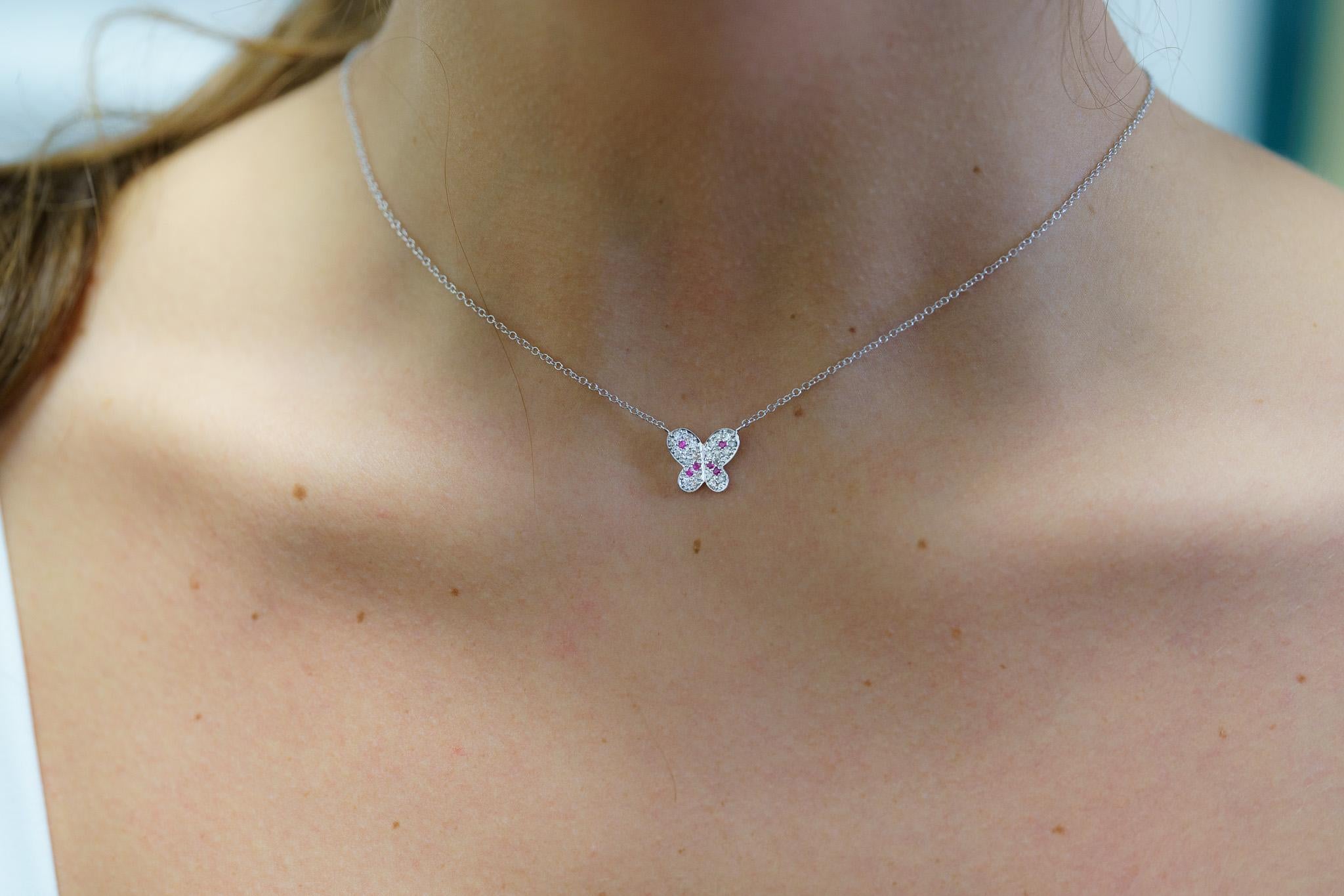 Modern Natural Pink Sapphire & Diamond Butterfly Charm 14k White Gold Pendant Necklace For Sale